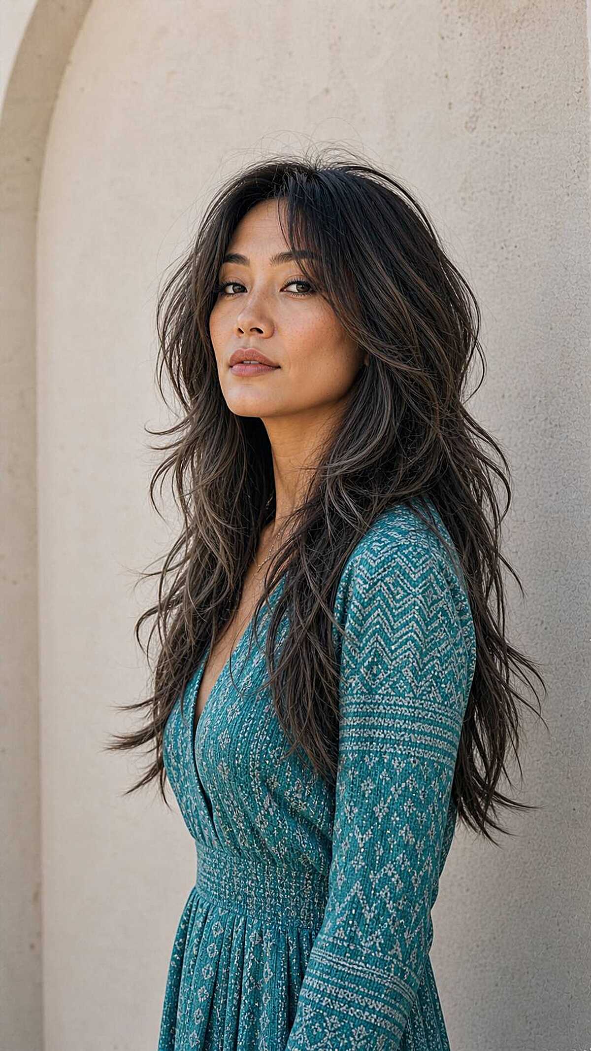 Long dark wavy wolf cut with face-framing layers