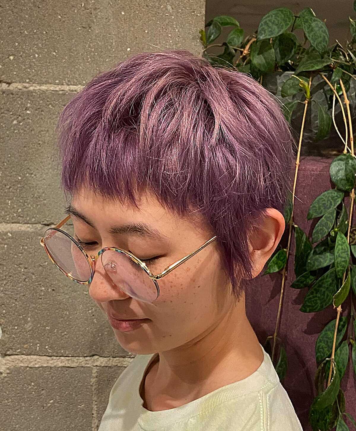 Short textured pixie crop in dusty lilac purple