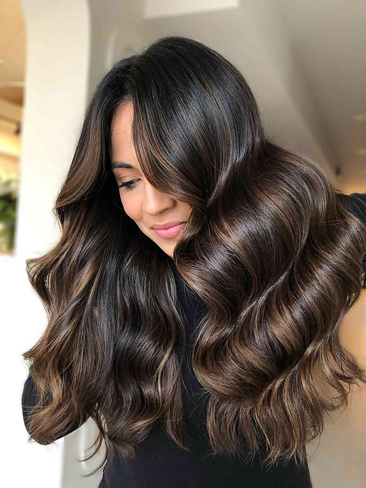 Elegant Chocolate Brown Balayage with Soft Waves