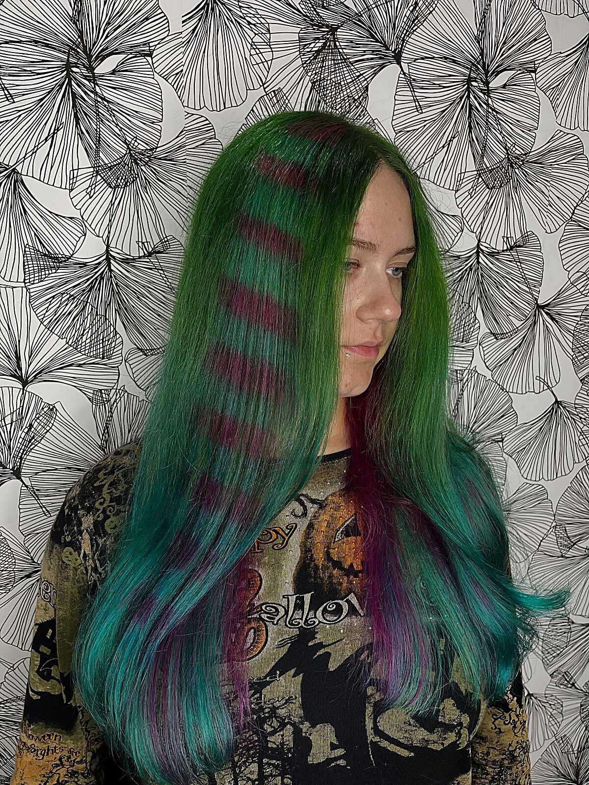 Long green hair with horizontal plum stripe detail