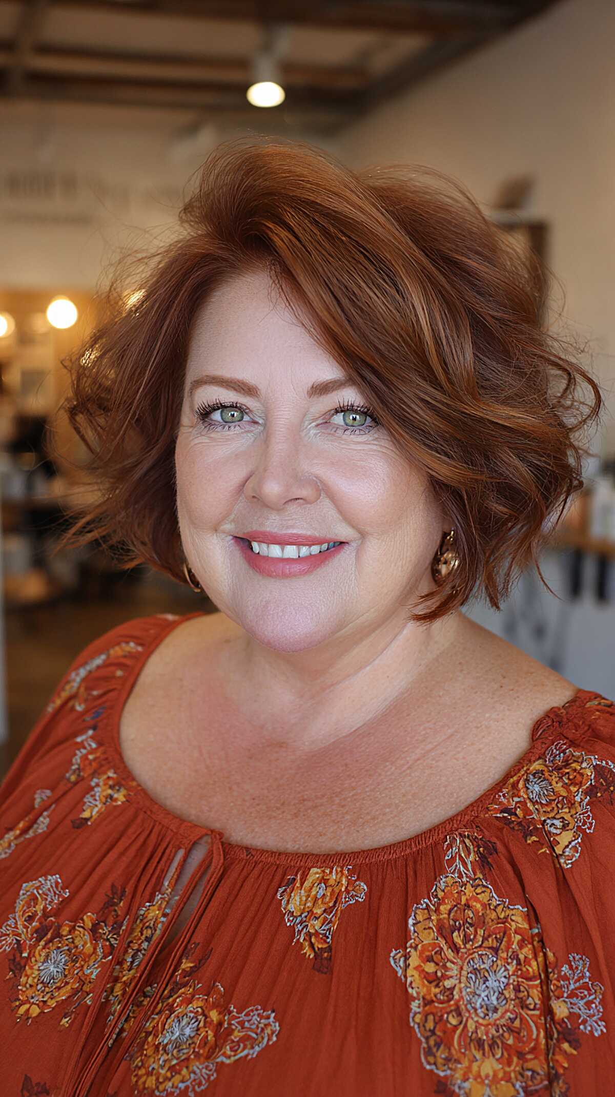 Rich auburn tousled layered bob on round face shape