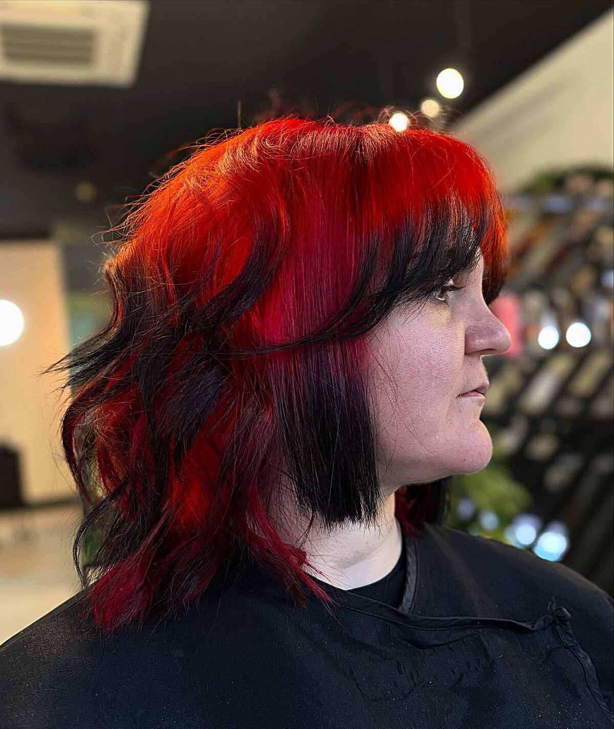 Bright red and orange shag with black underneath
