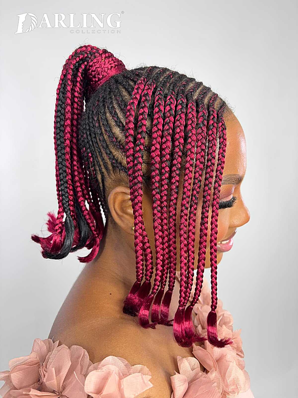Fuchsia pink and black feed-in cornrow ponytail