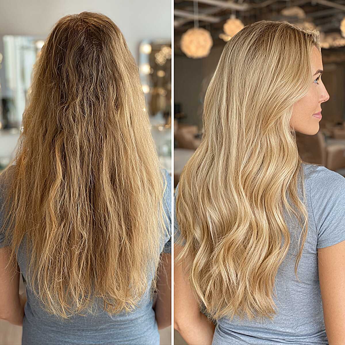 Before and after blonde transformation with waves and shine
