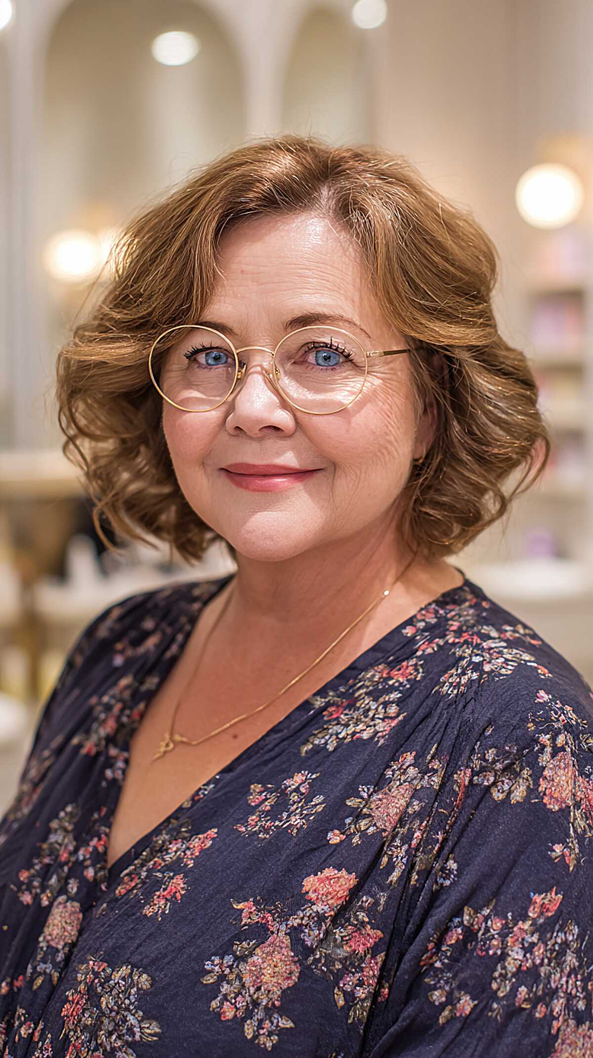 Golden honey wavy bob with glasses on woman over 50