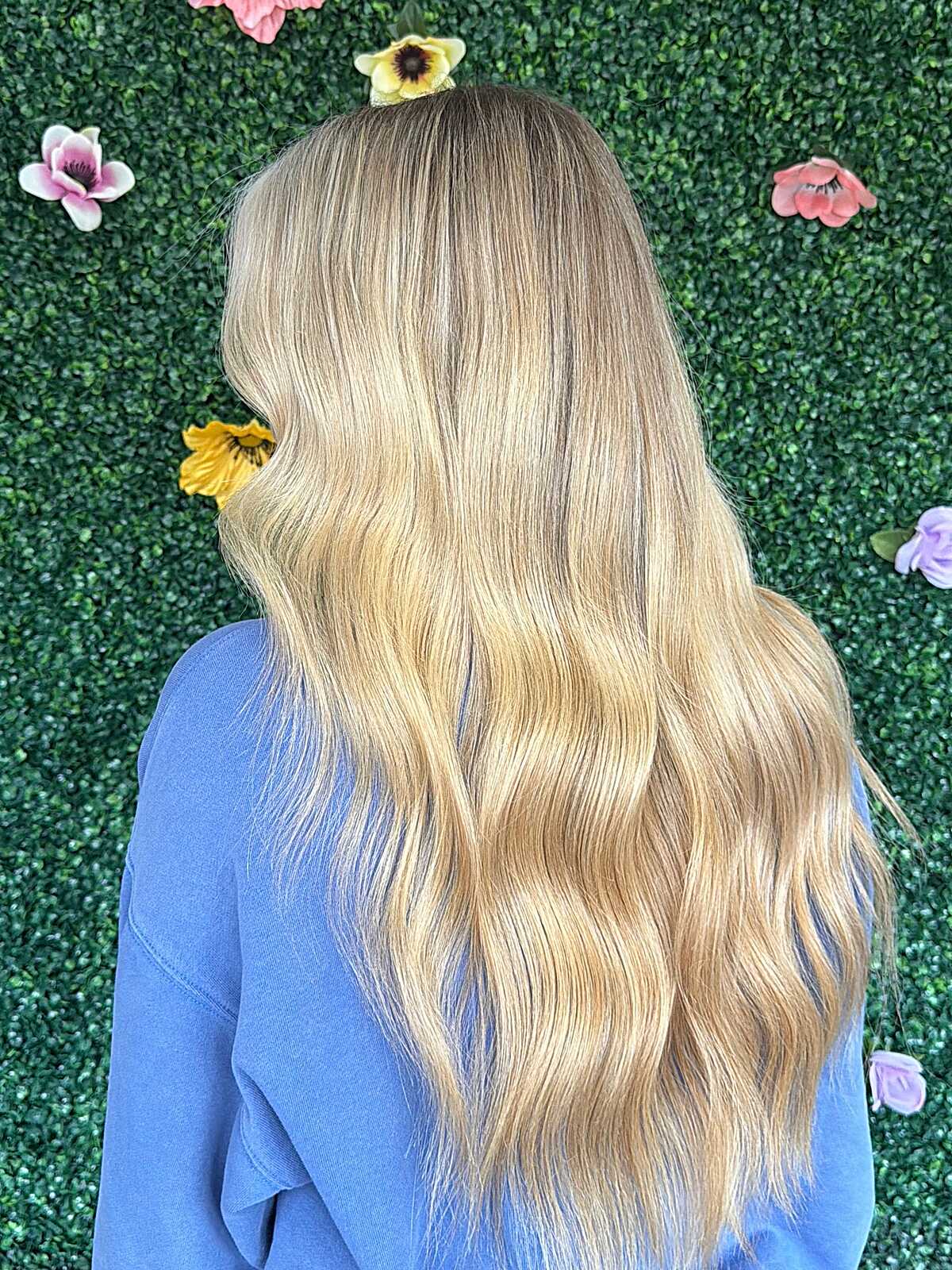 Long golden wheat blonde with soft loose curls and warmth