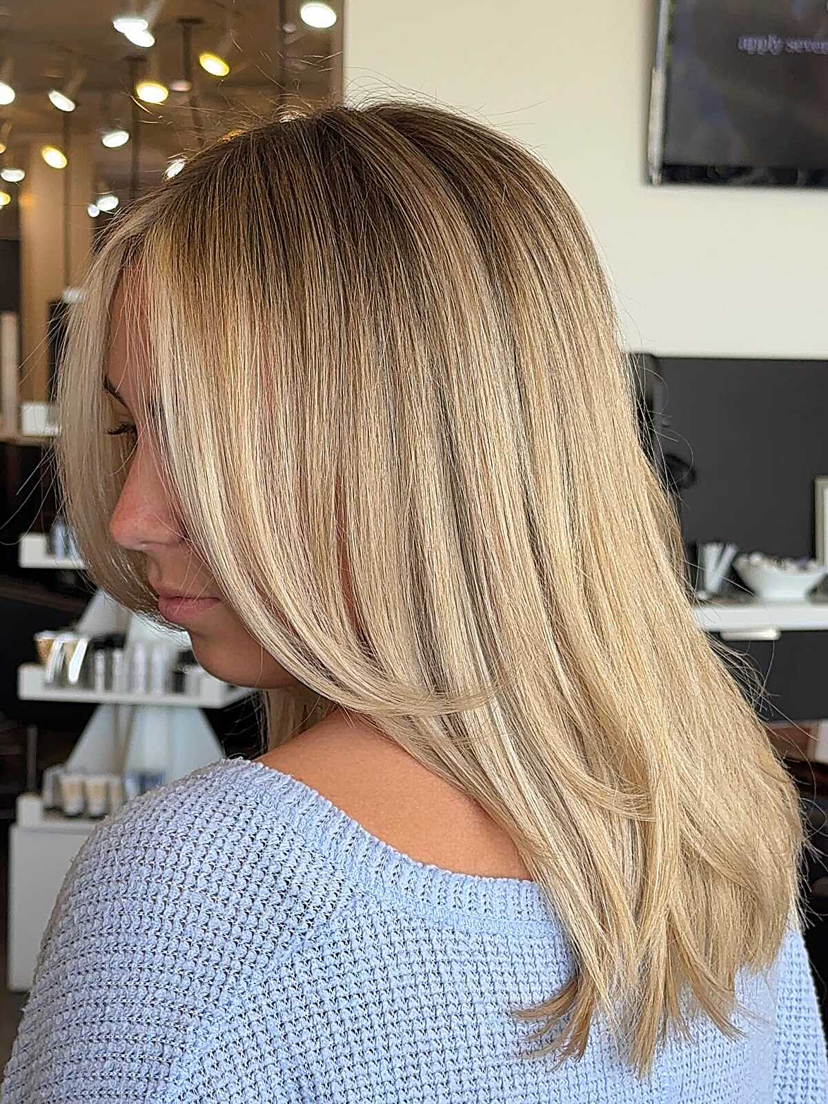 Medium honey blonde with smooth satin finish and warm tones