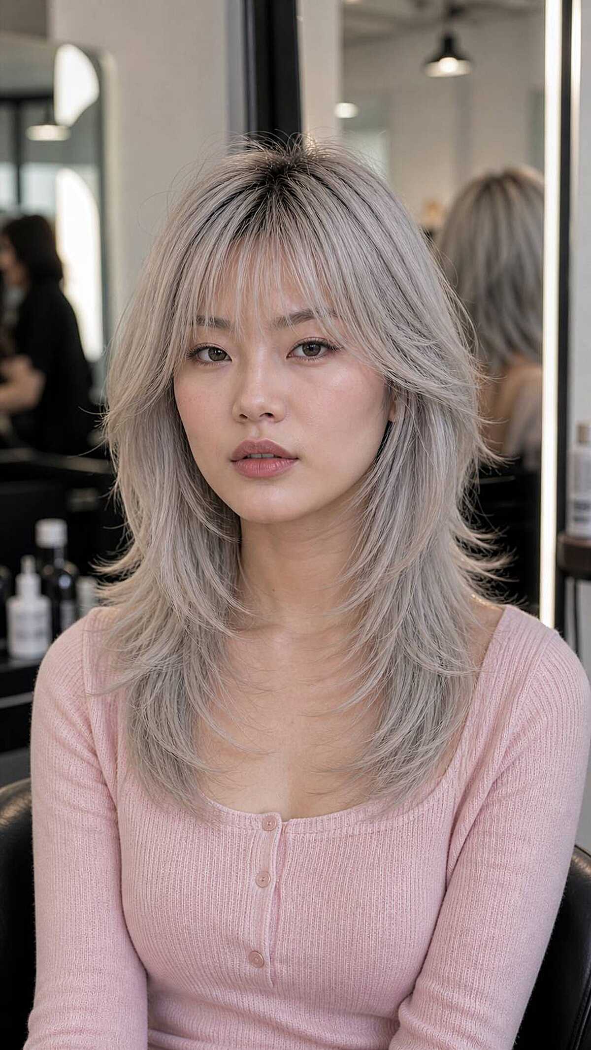 Medium silver grey wolf cut with shaggy layered bangs
