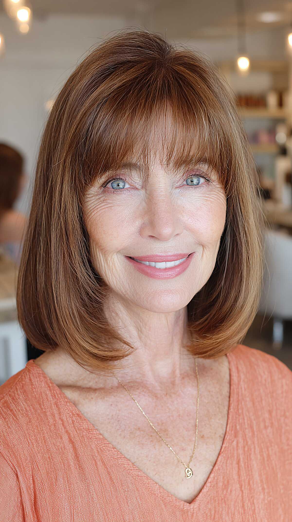 Light auburn bob with full straight bangs