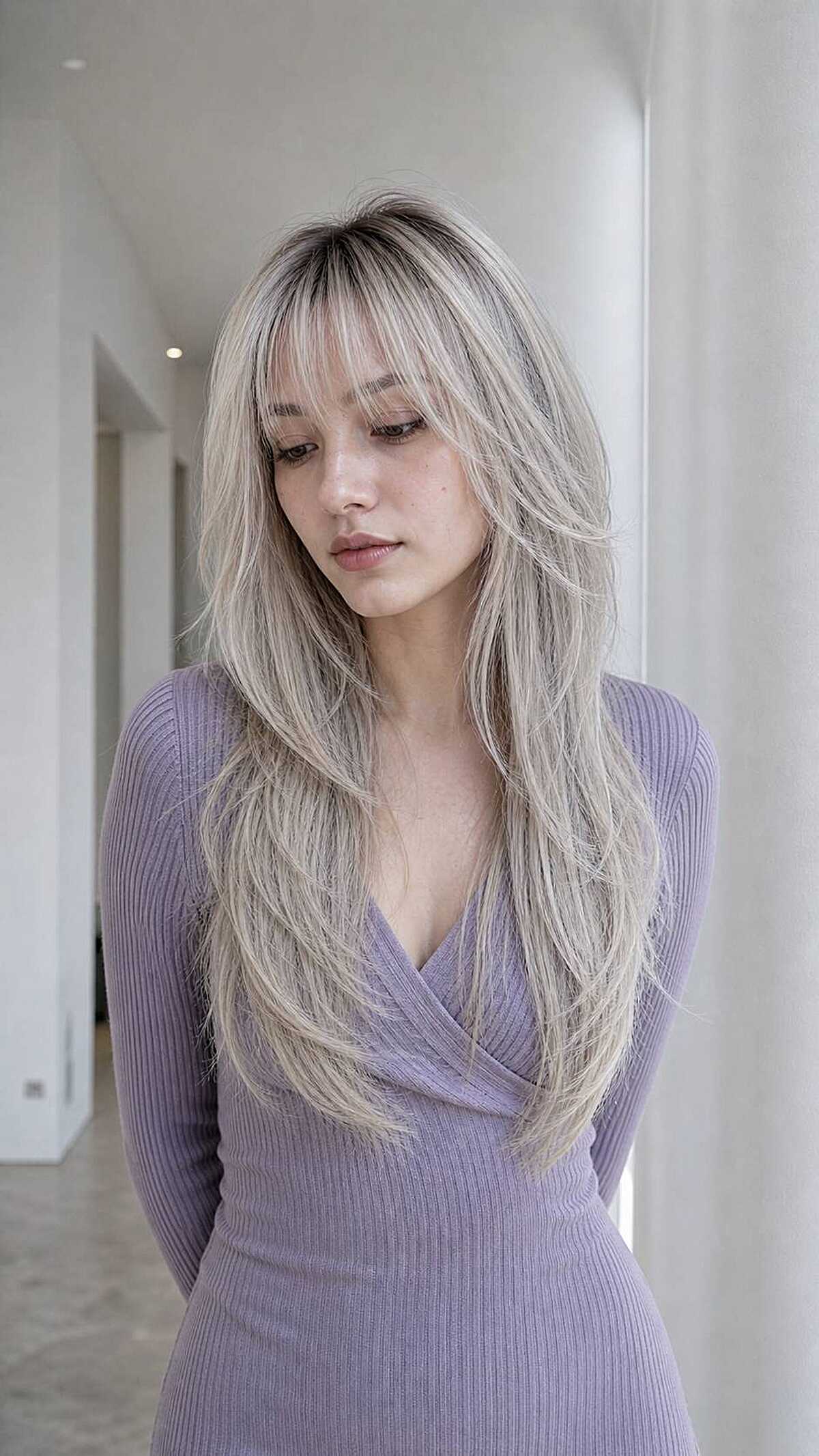 Long platinum blonde wolf cut with straight fringe