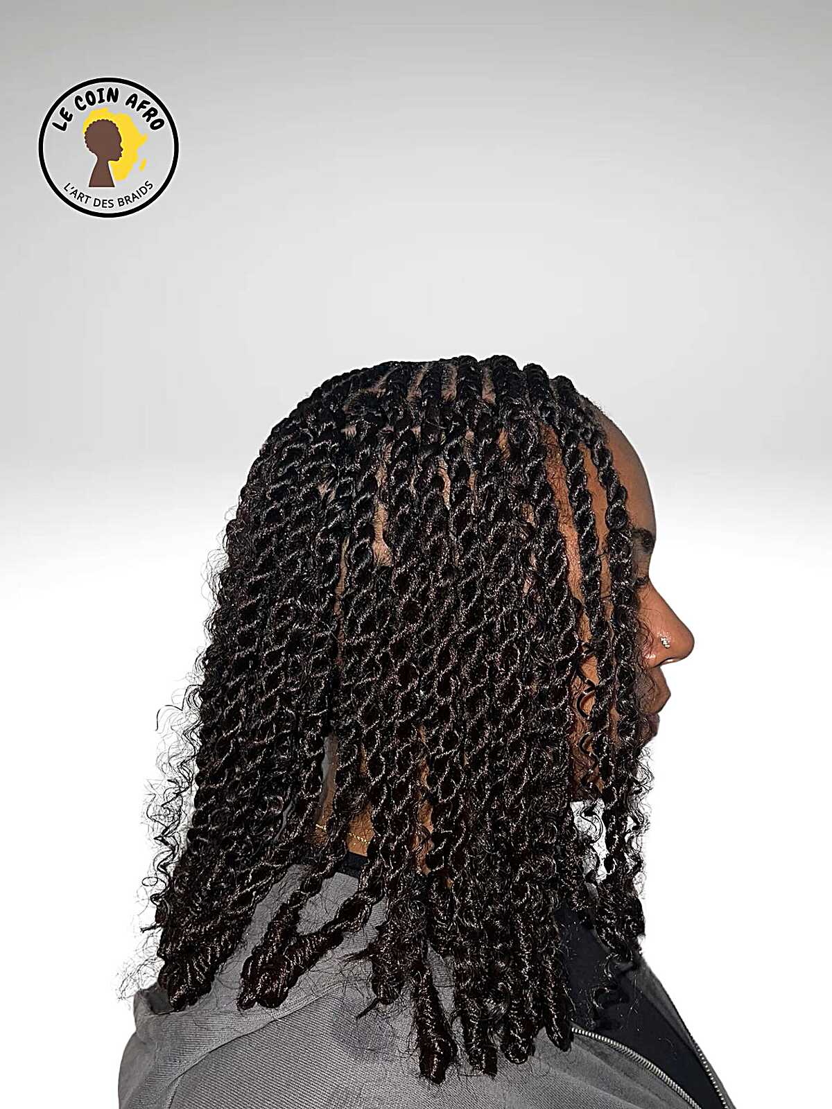 Medium black bohemian twists with loose curly pieces