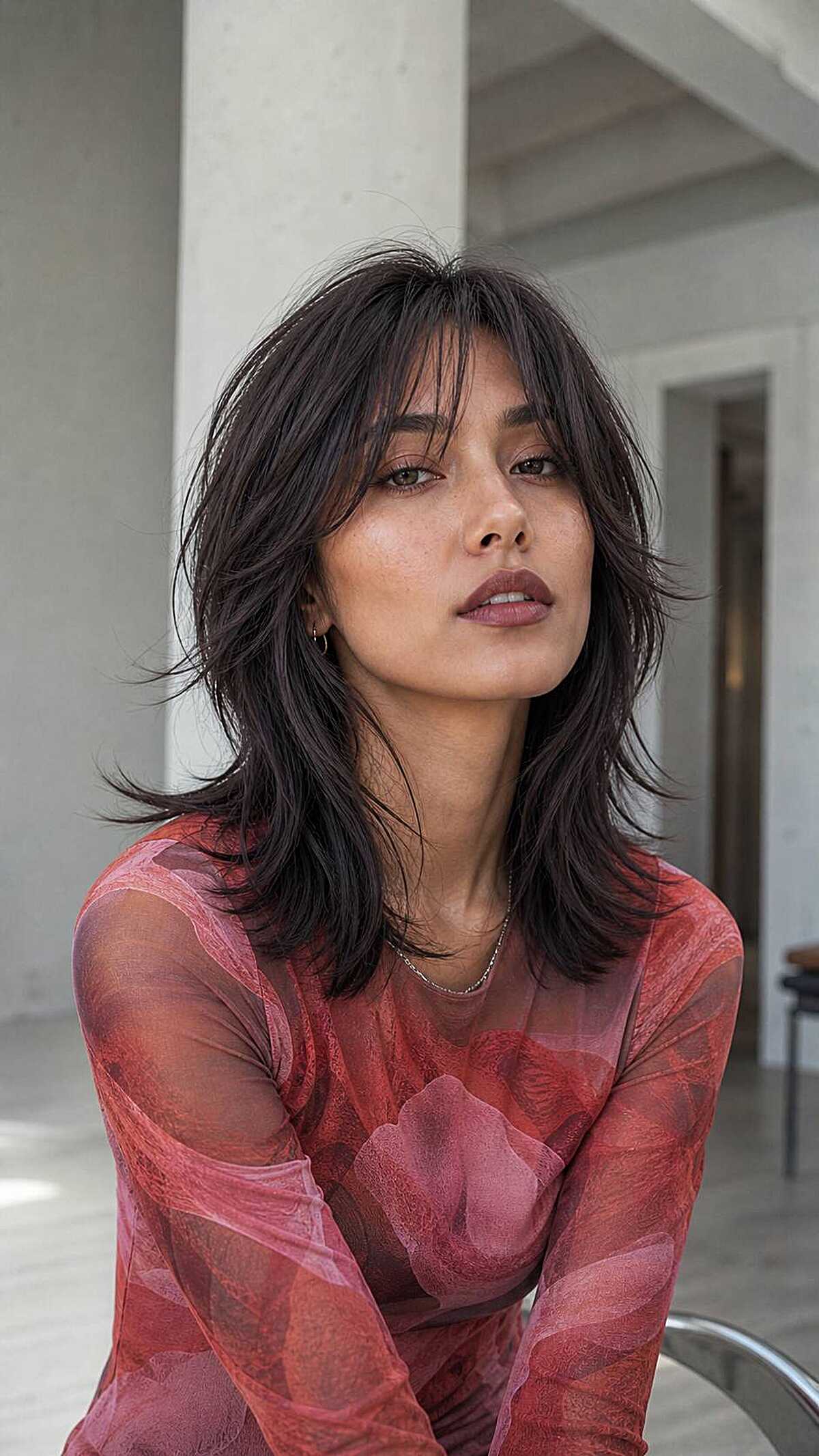 Dark collar-length wolf cut with piecey textured layers