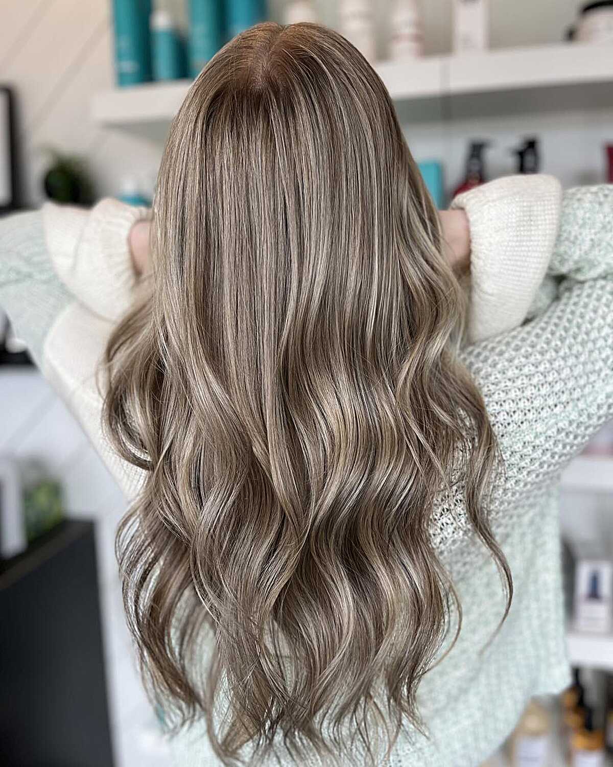 Long ash brunette waves with cool mushroom-toned highlights