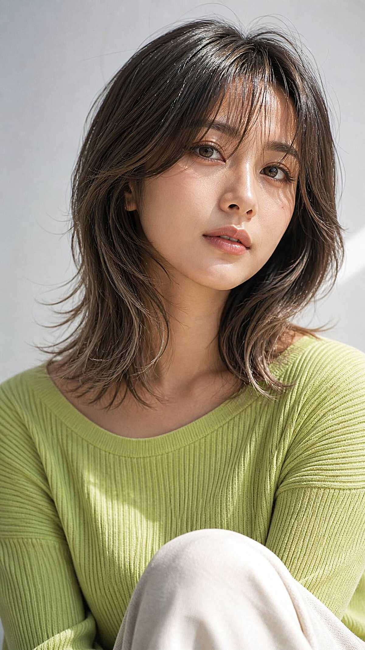 Medium natural brunette wolf cut with feathered layers