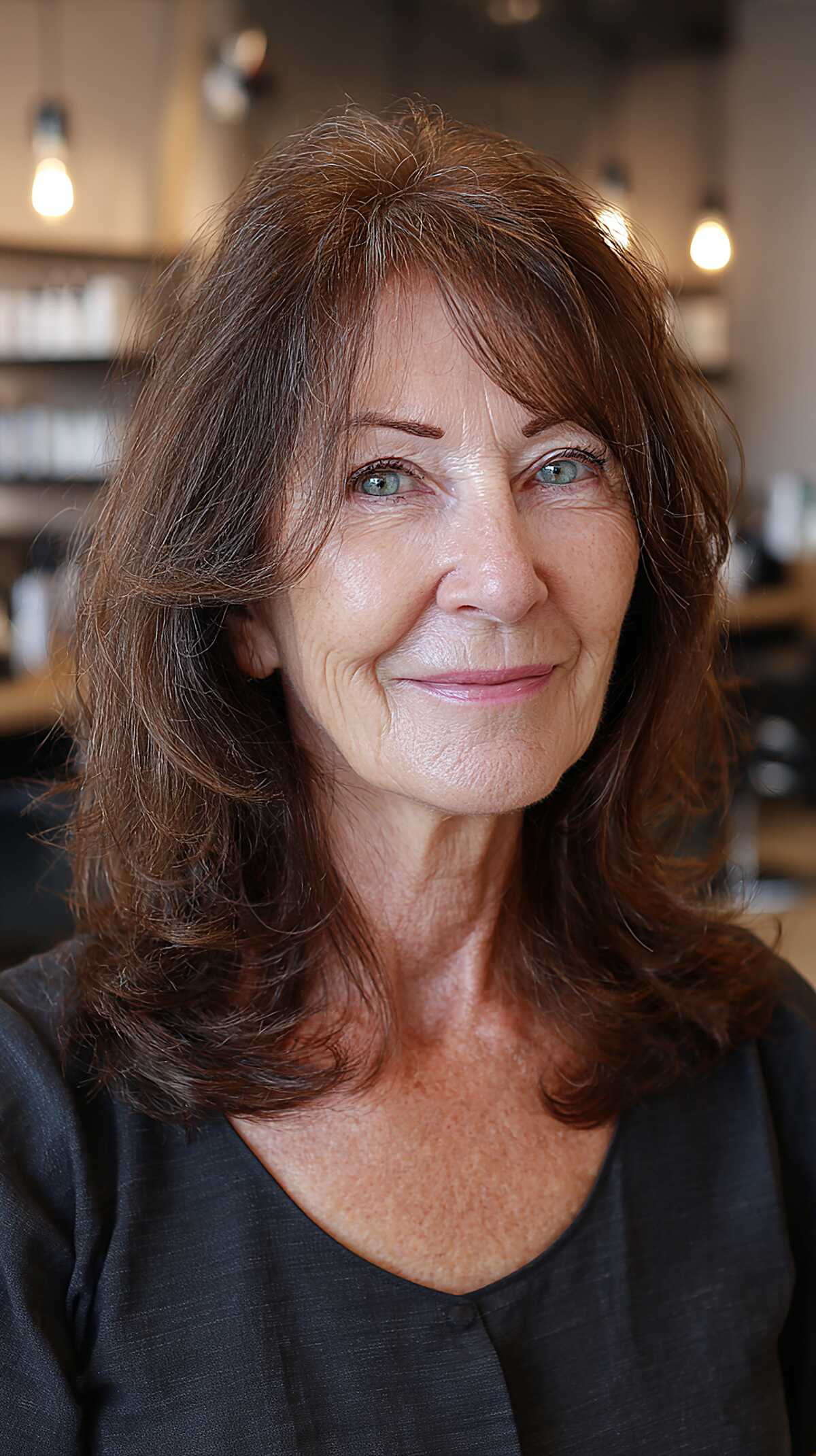 Natural brunette shoulder-length hair with soft layers