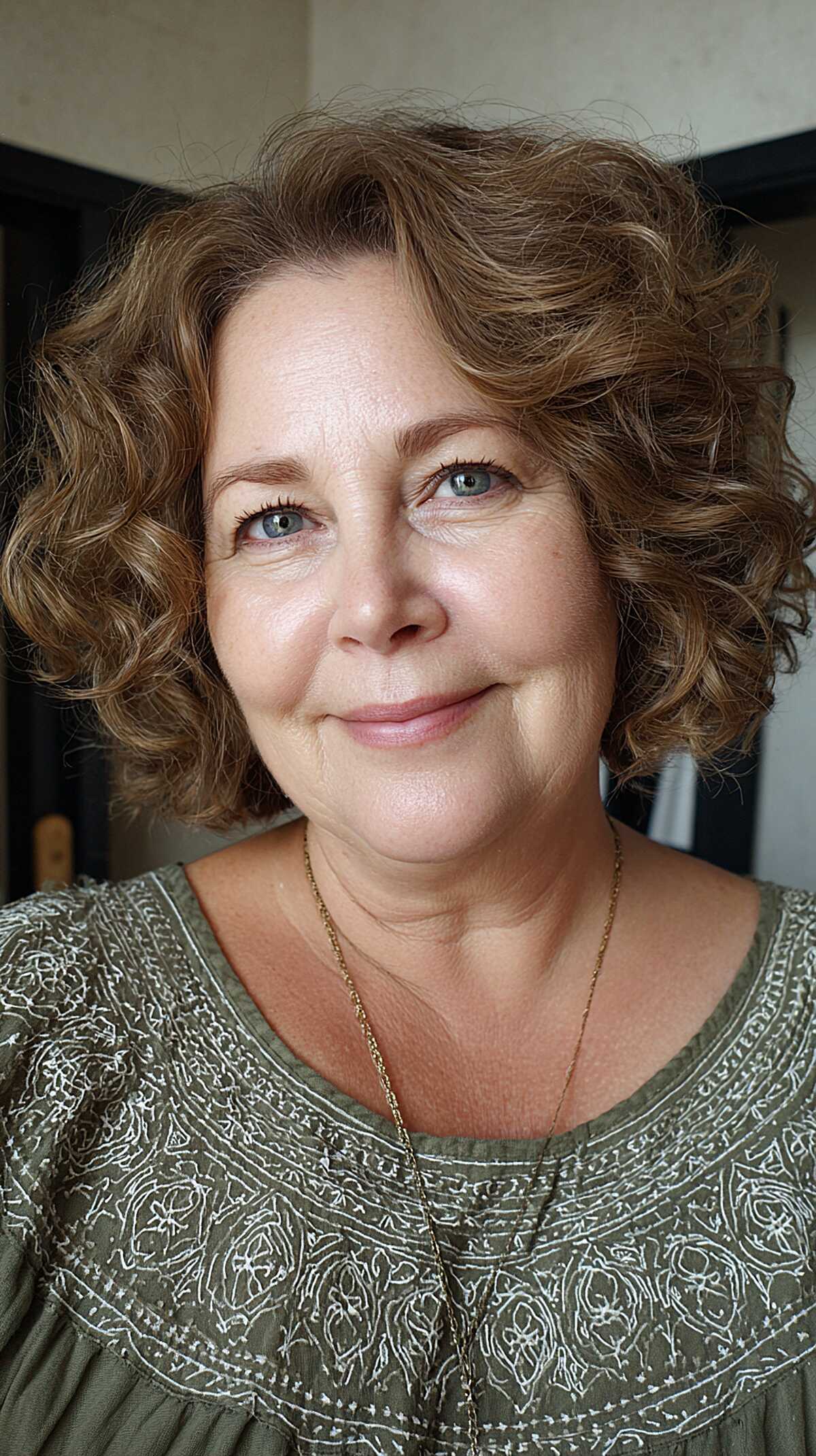 Curly chestnut layered bob on woman over 50