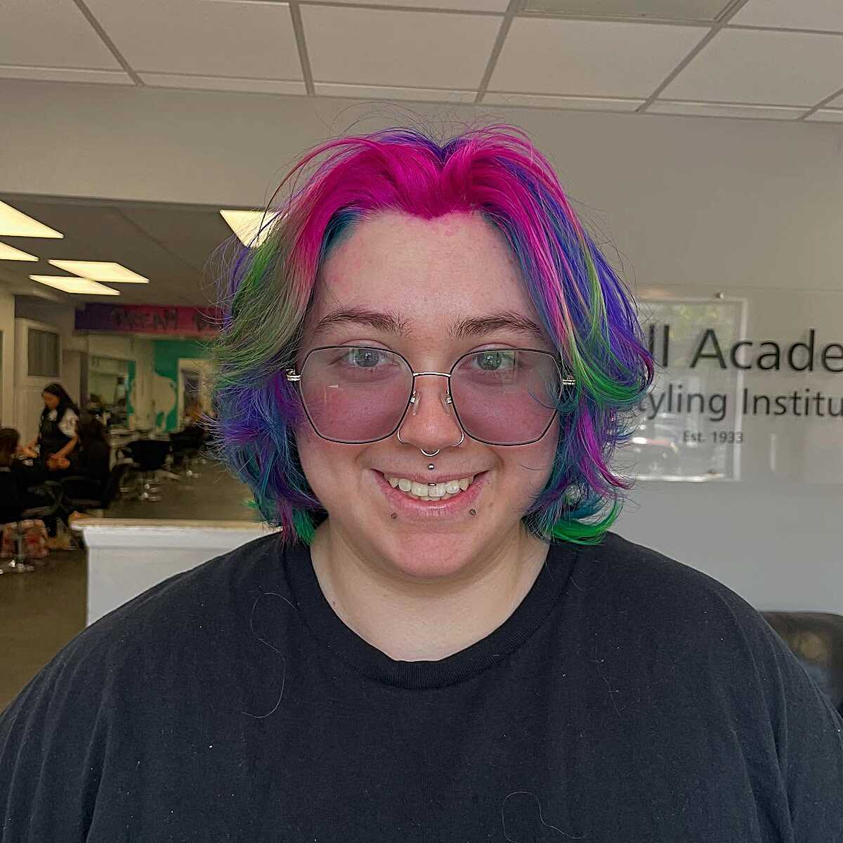 Chin-length bob in pink, blue, green, and purple