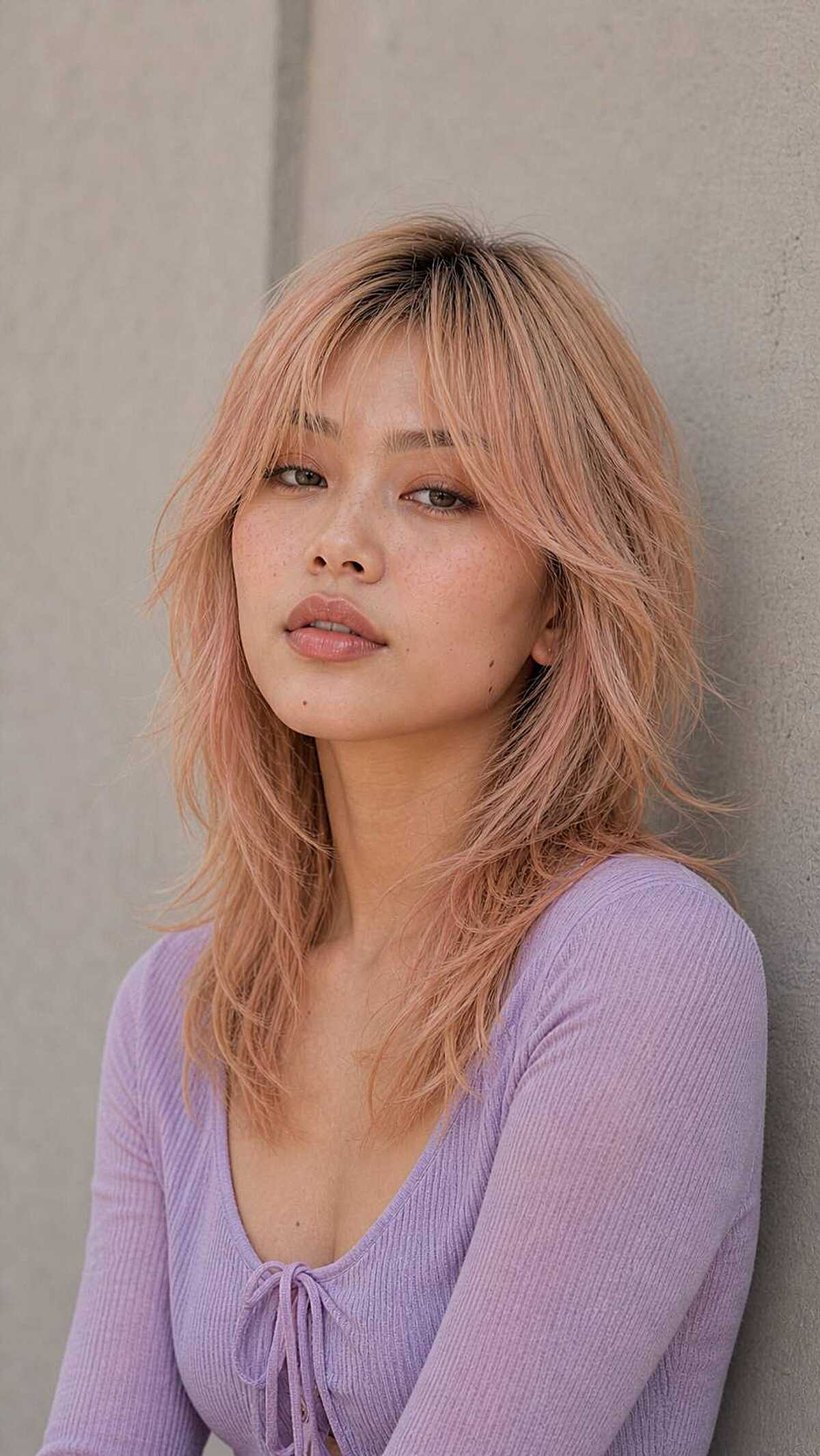 Medium peachy rose gold wolf cut with shaggy layers