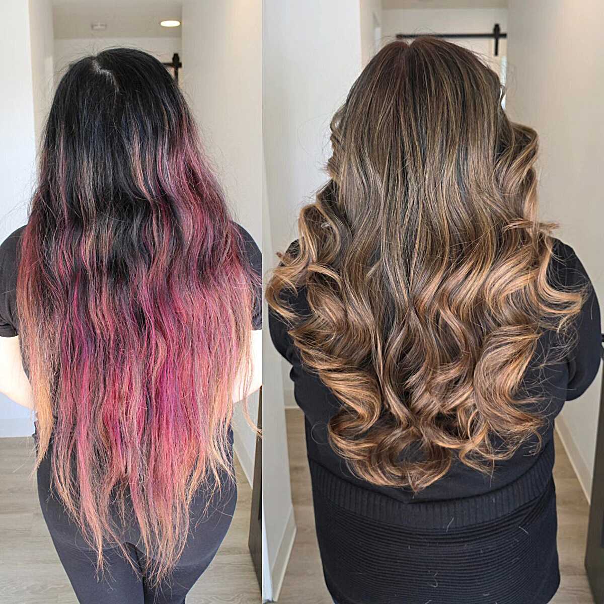 Before and after pink to caramel brunette balayage