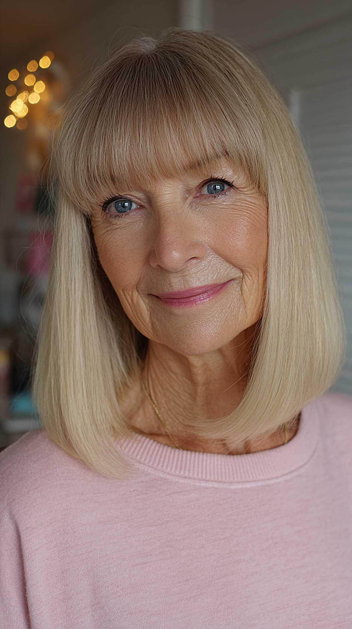 Platinum blonde blunt bob with full straight fringe