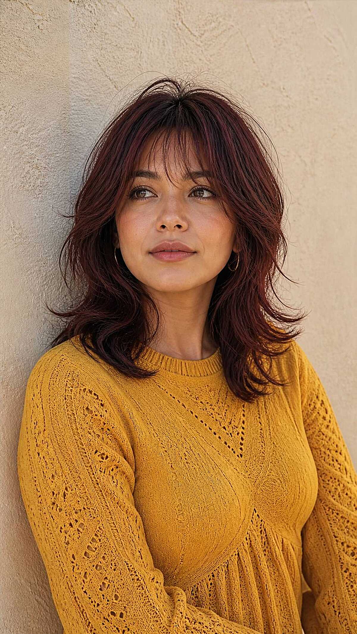 Shoulder-length dark plum wolf cut with shaggy bangs