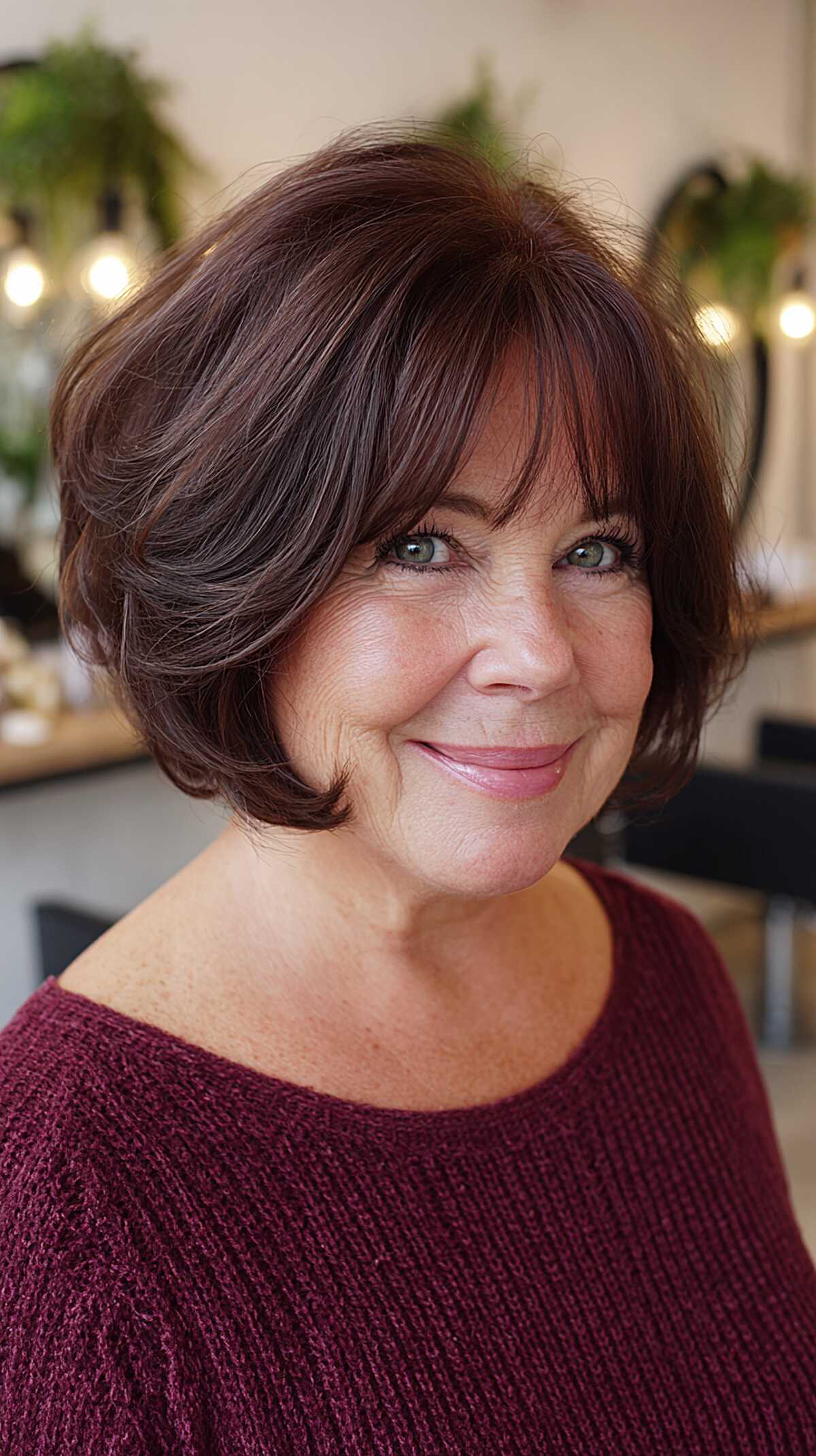 Dark brunette layered bob with subtle plum tones