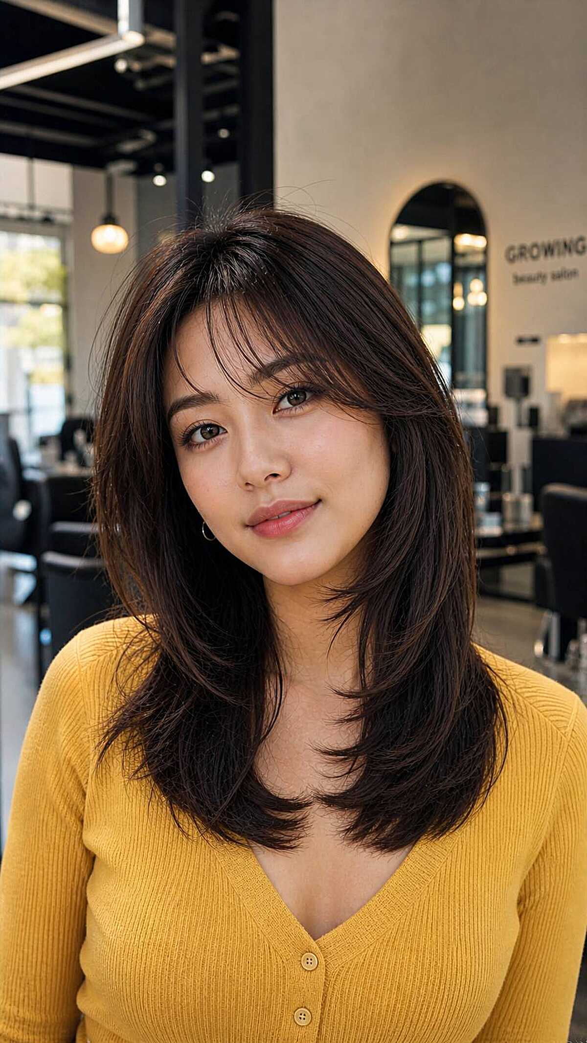 Medium dark brown wolf cut with side bangs in salon