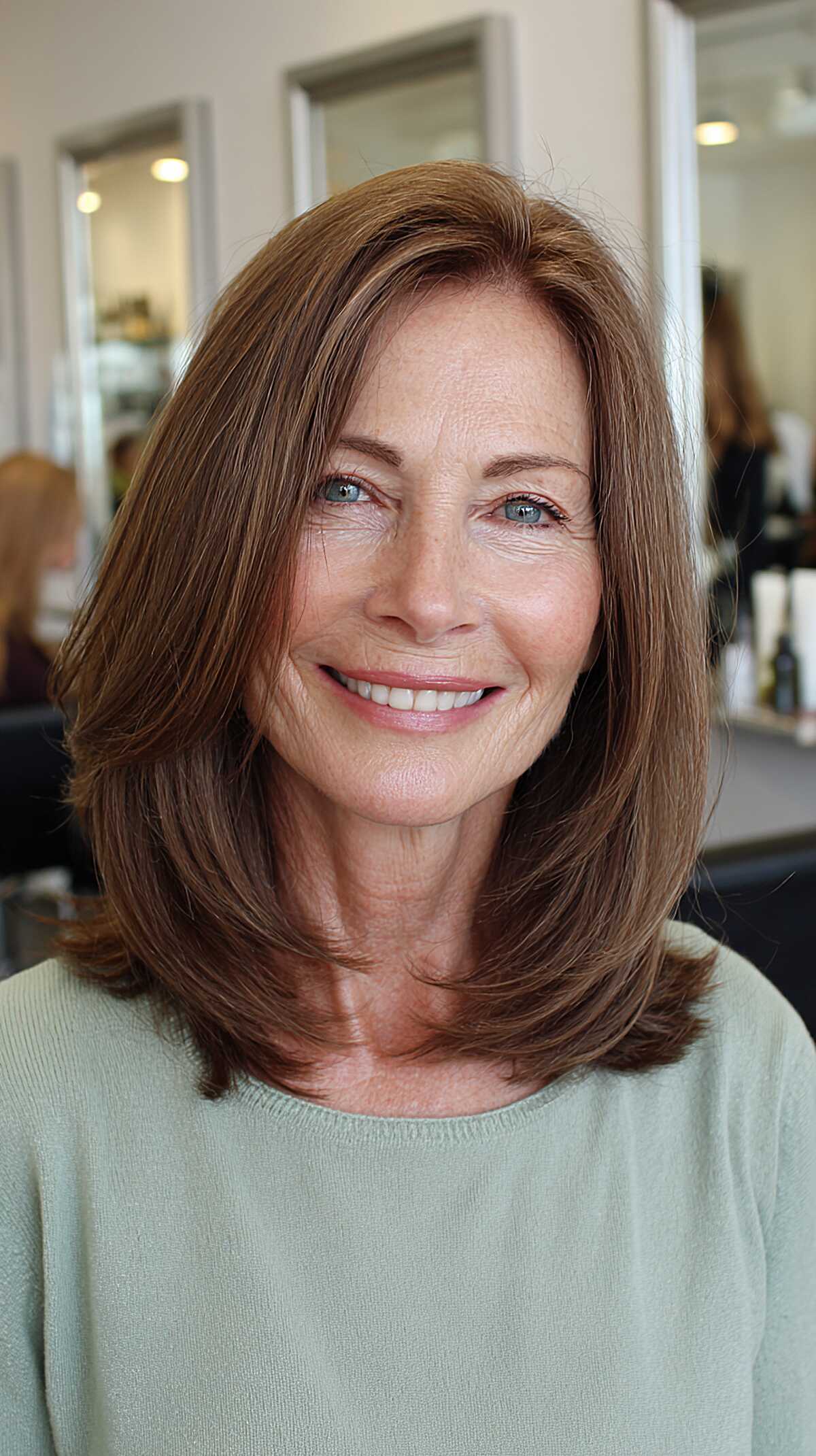 Polished copper-toned brunette lob with layered ends