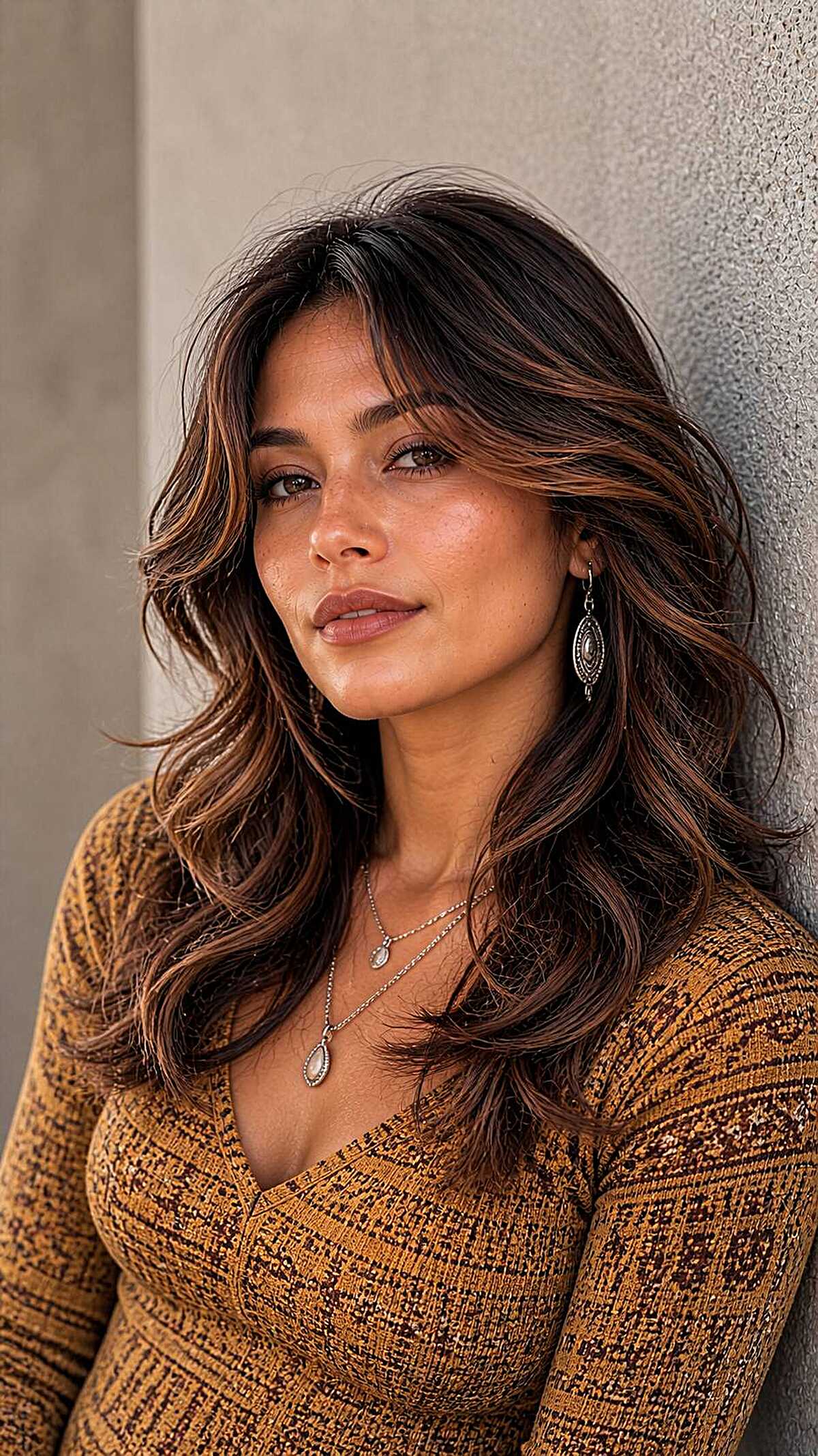 Wavy dark brown wolf cut with warm cinnamon highlights