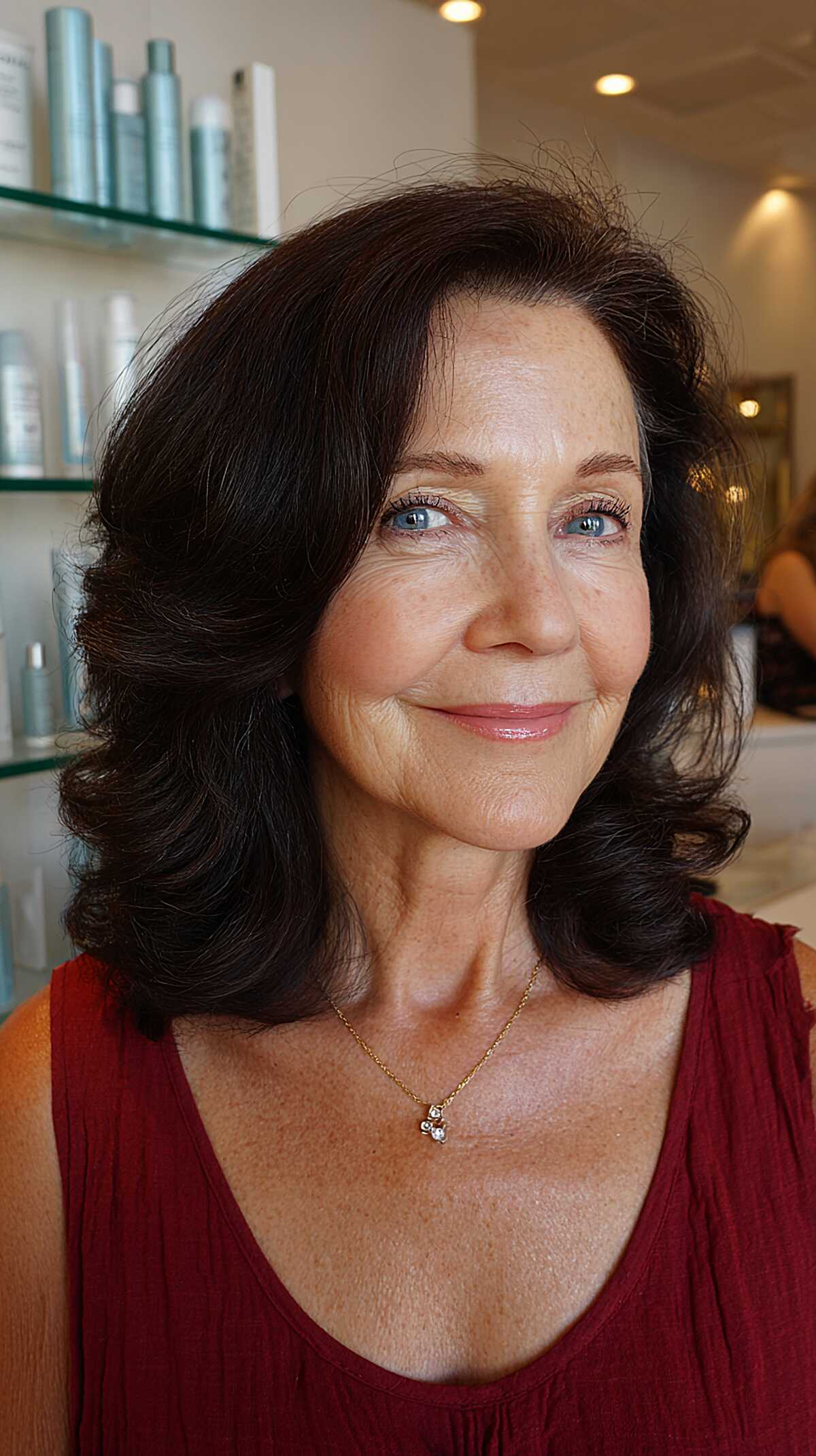 Rich espresso shoulder-length blowout with vintage volume