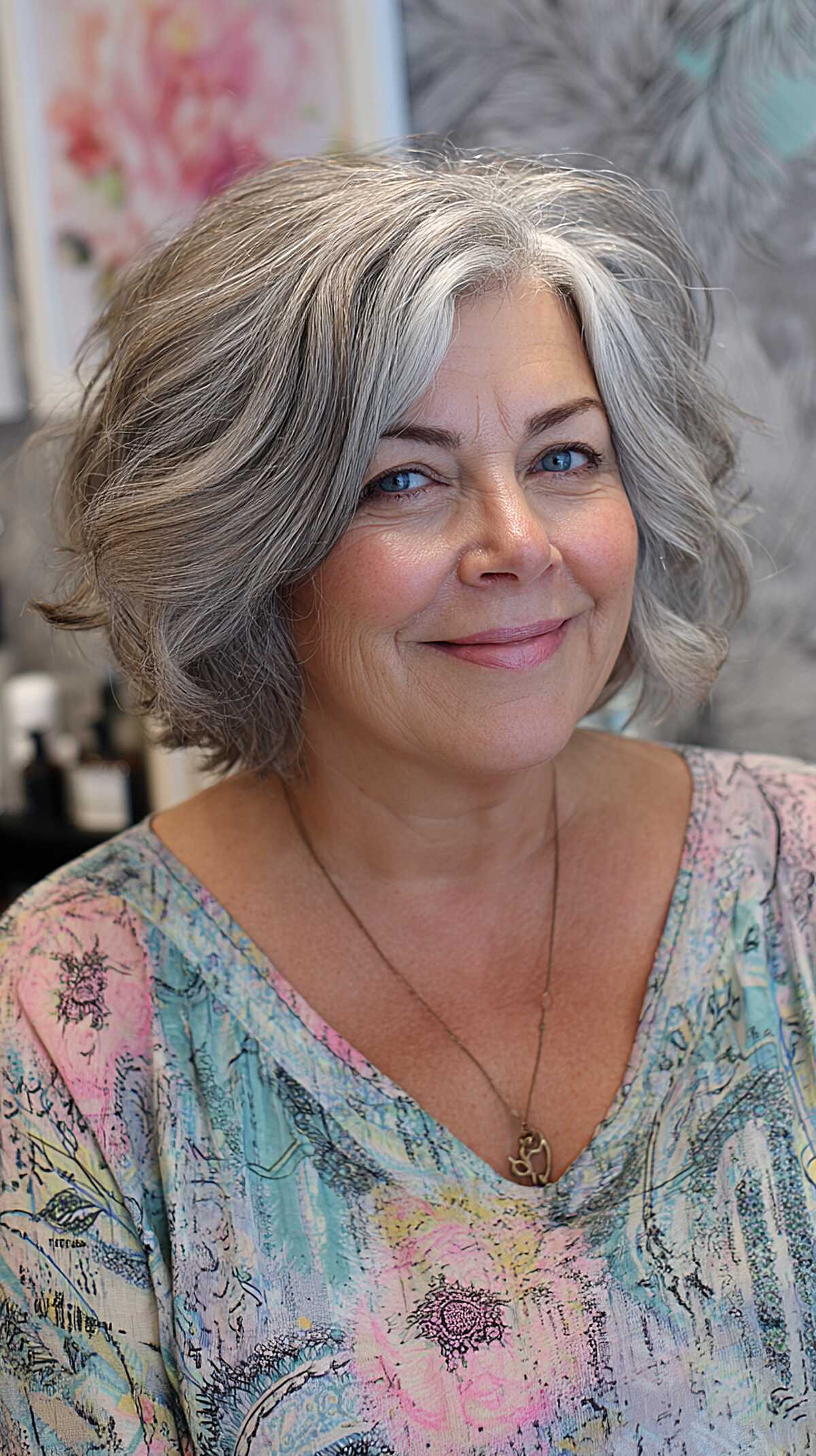 Silver pewter gray layered bob with textured waves