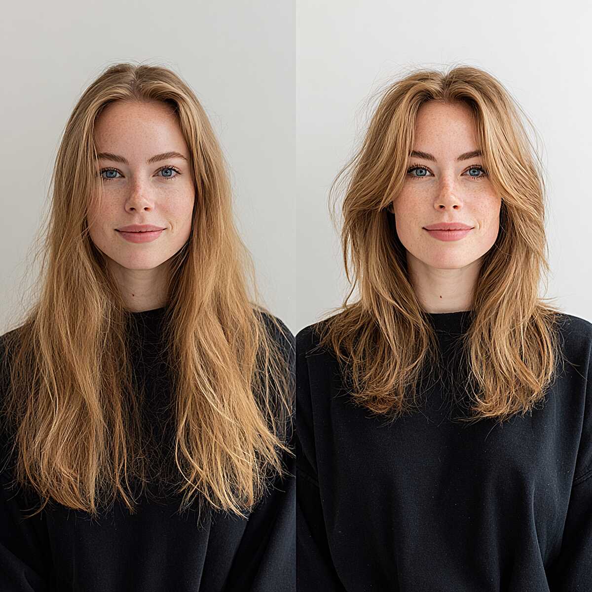 Before and after strawberry blonde wolf cut transformation