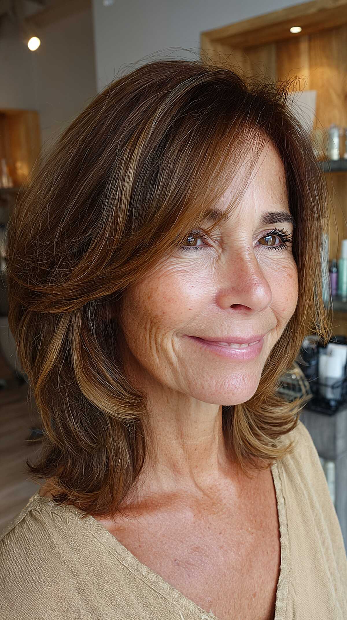 Sun-kissed brunette lob with caramel face-framing
