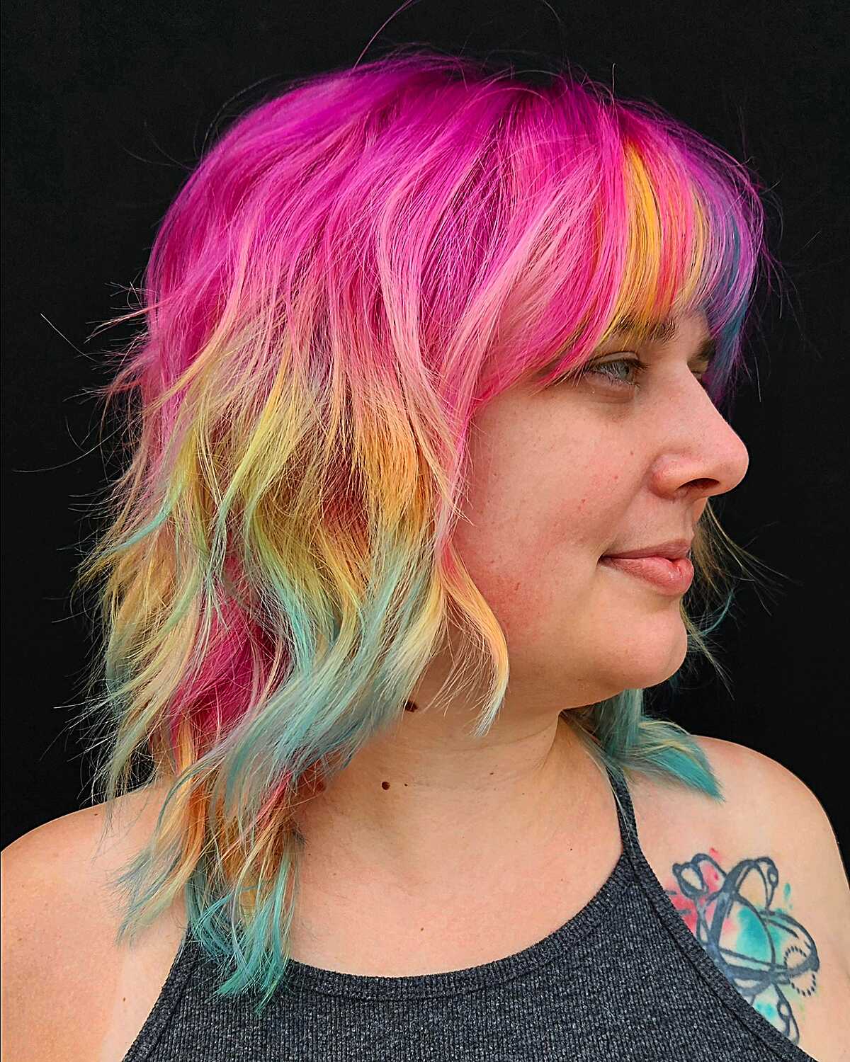 Rainbow shag with hot pink, yellow, and mint green