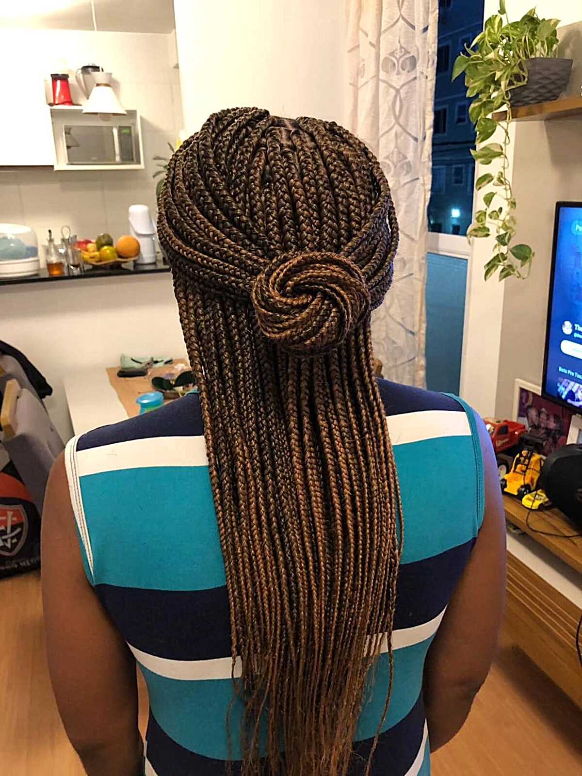 Brown box braids in half-up swirled bun style
