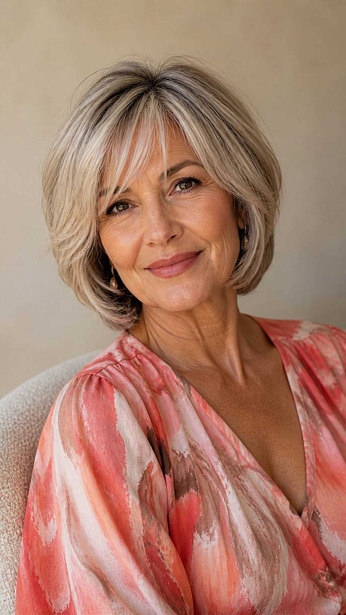 Ash blonde chin-length bob with soft feathered layers