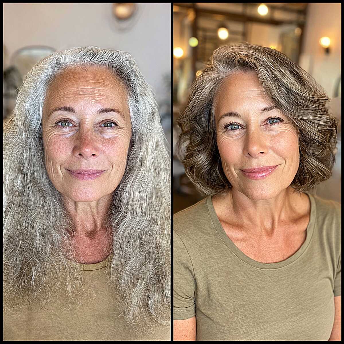 Before and after from long gray hair to wavy chin bob