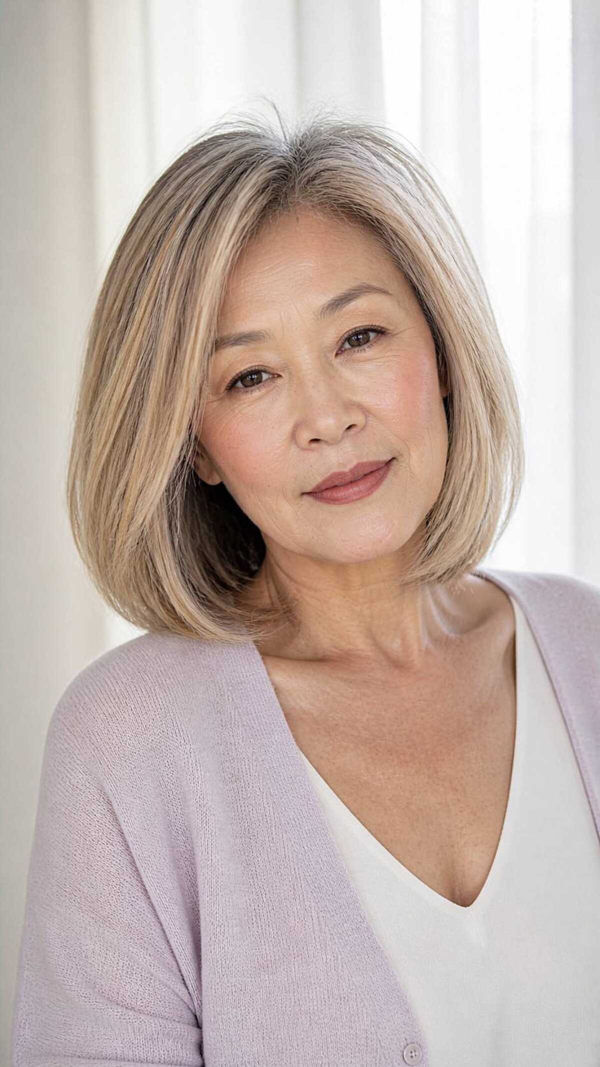 Soft bob blending blonde and gray with face framing