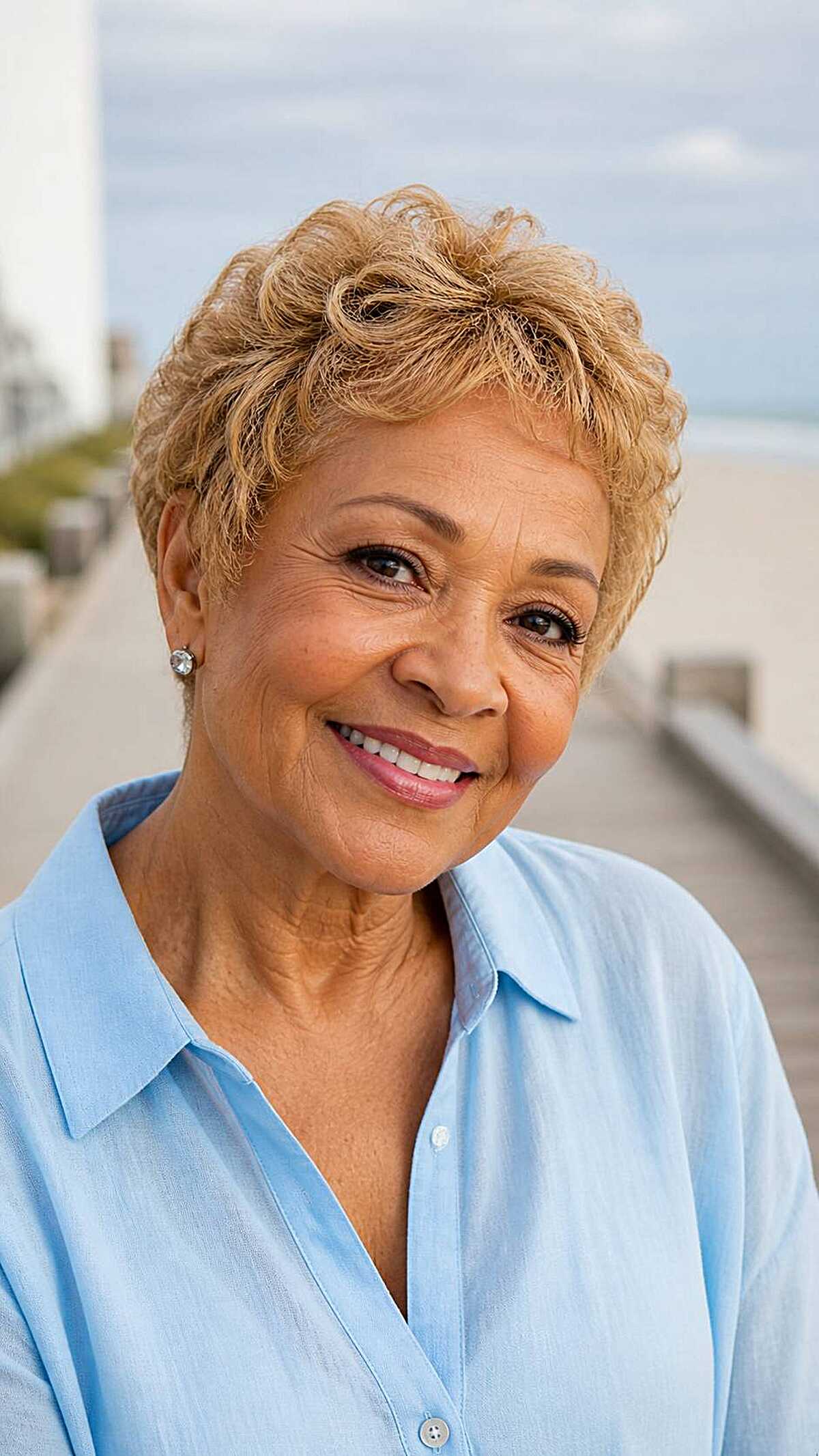 Short golden blonde pixie with textured curls