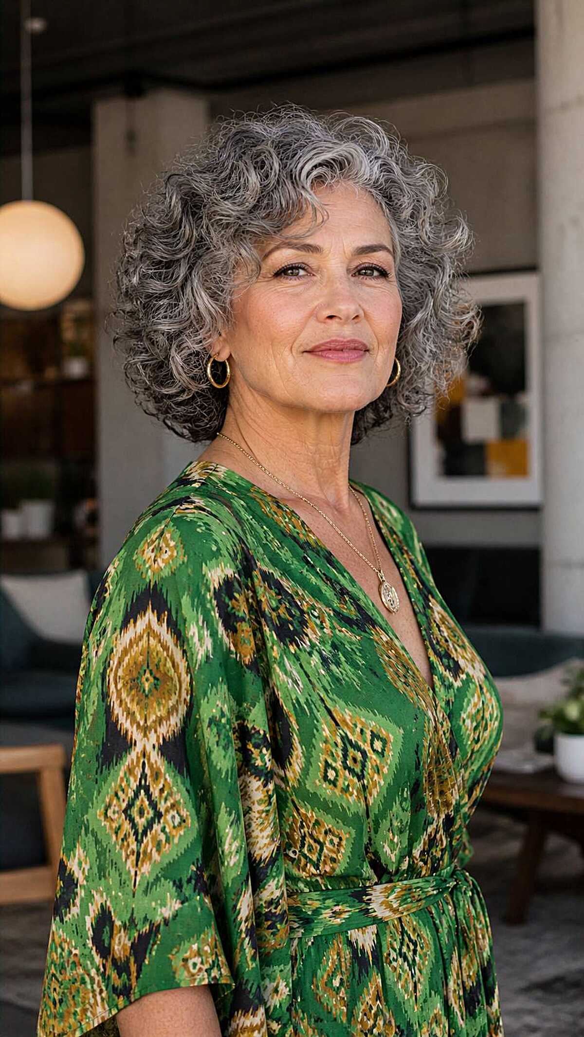 Gray curly bob with defined ringlets at chin length