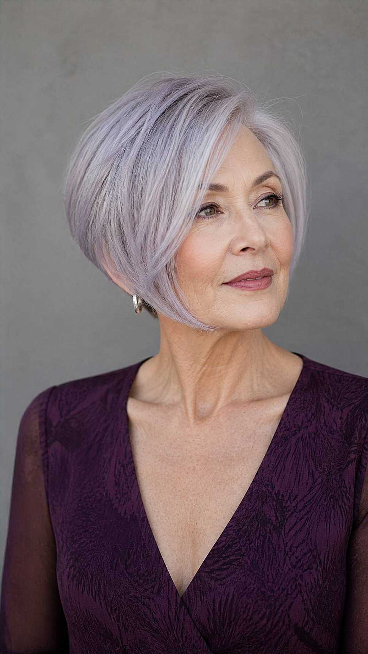 Sleek angled bob in icy lavender silver