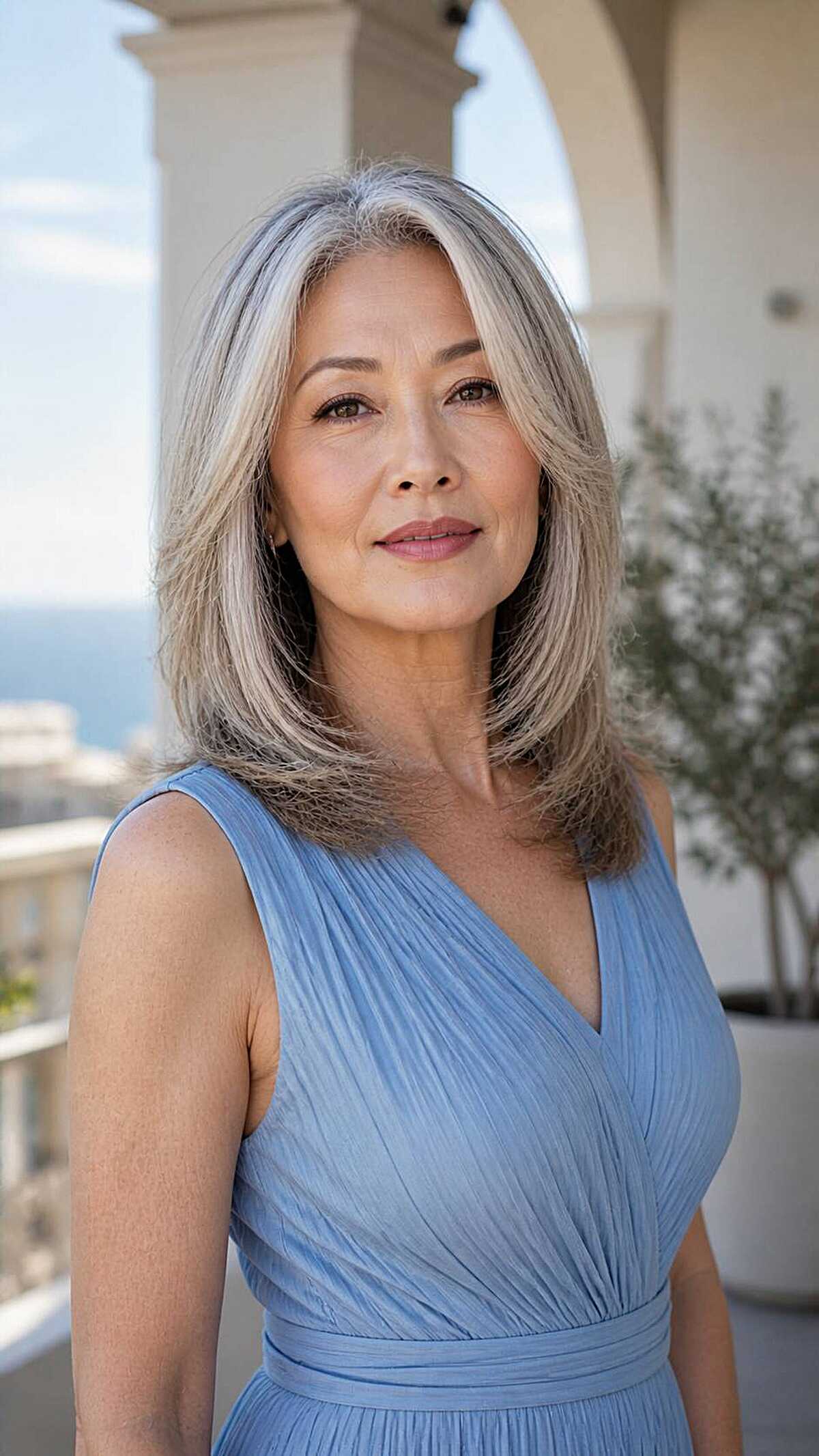 Long layered silver hair with soft middle part