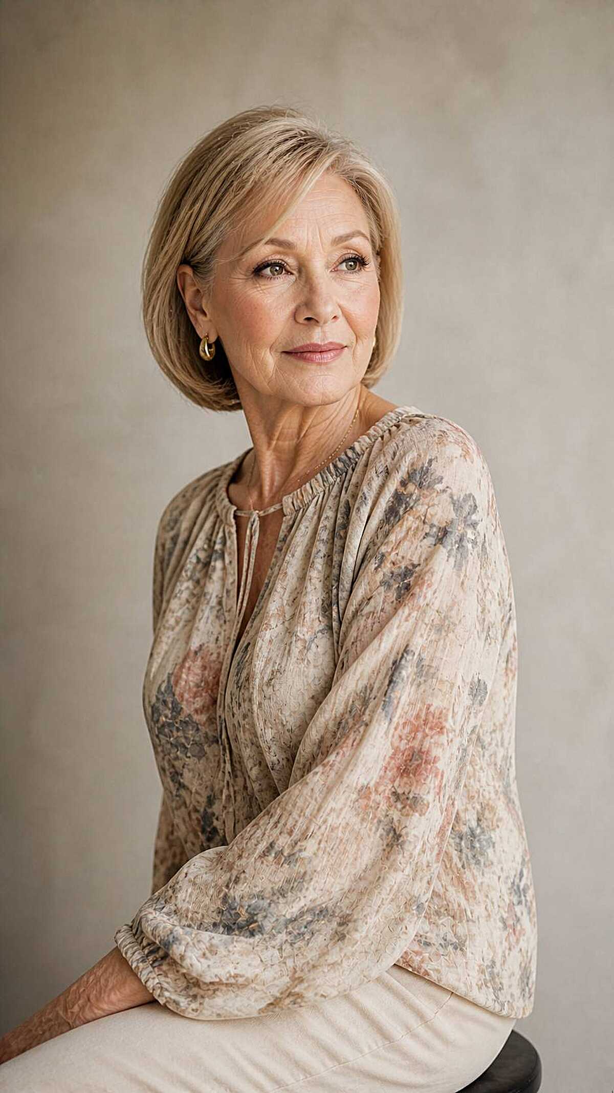 Sleek chin-length blonde bob with tucked ends