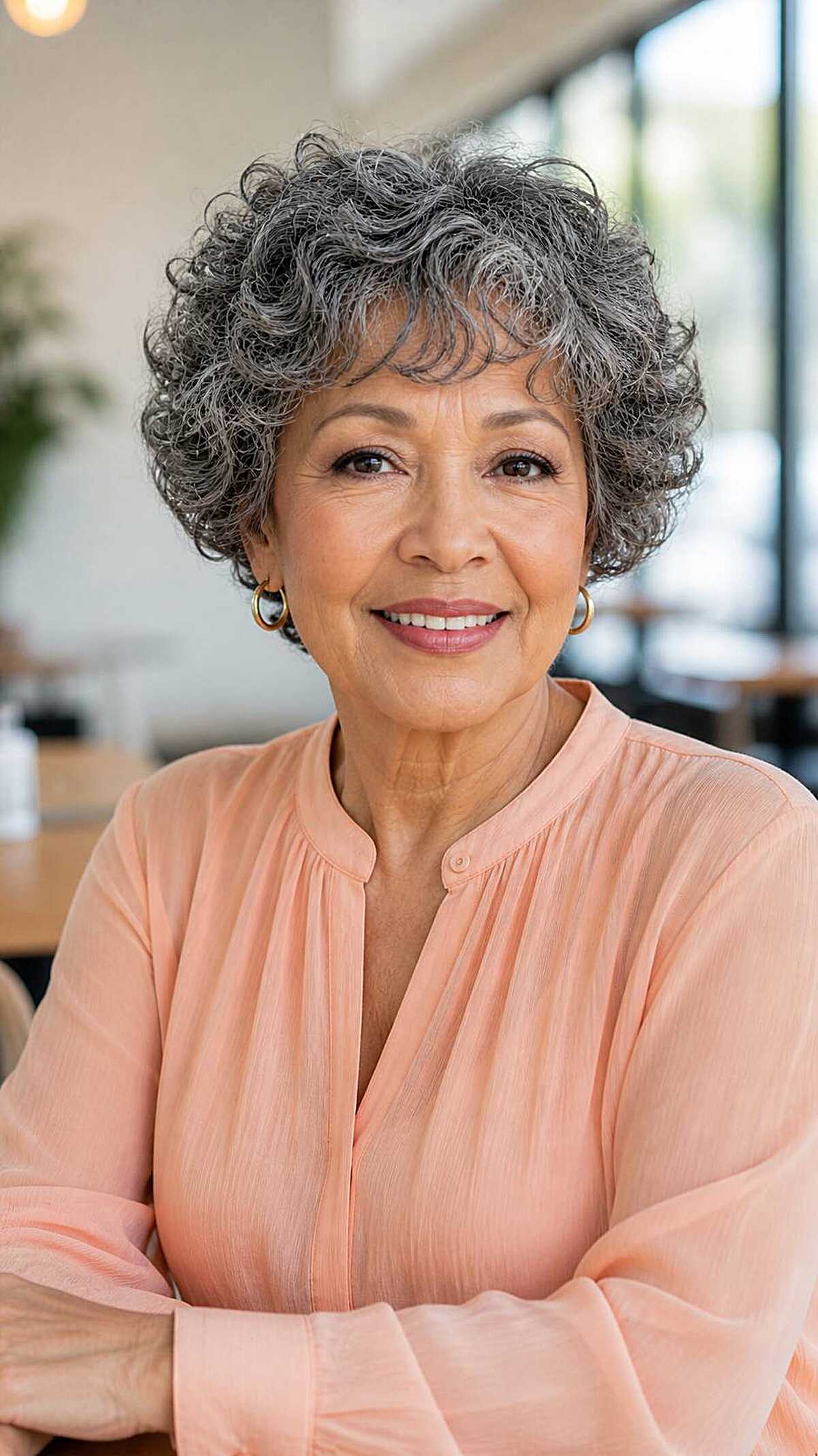 Short curly gray and dark hair cropped close