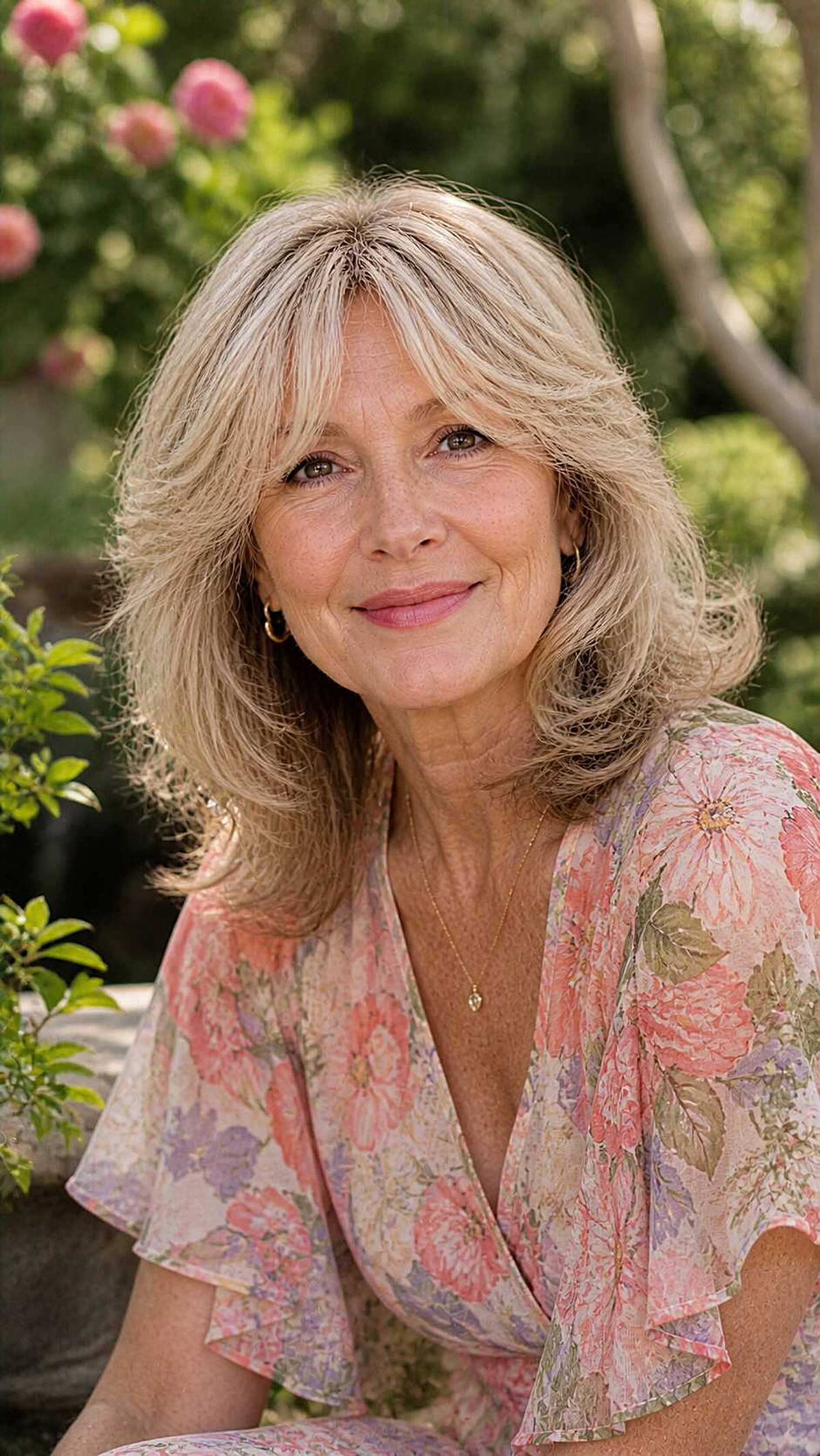 Sandy blonde layered waves with feathered bangs