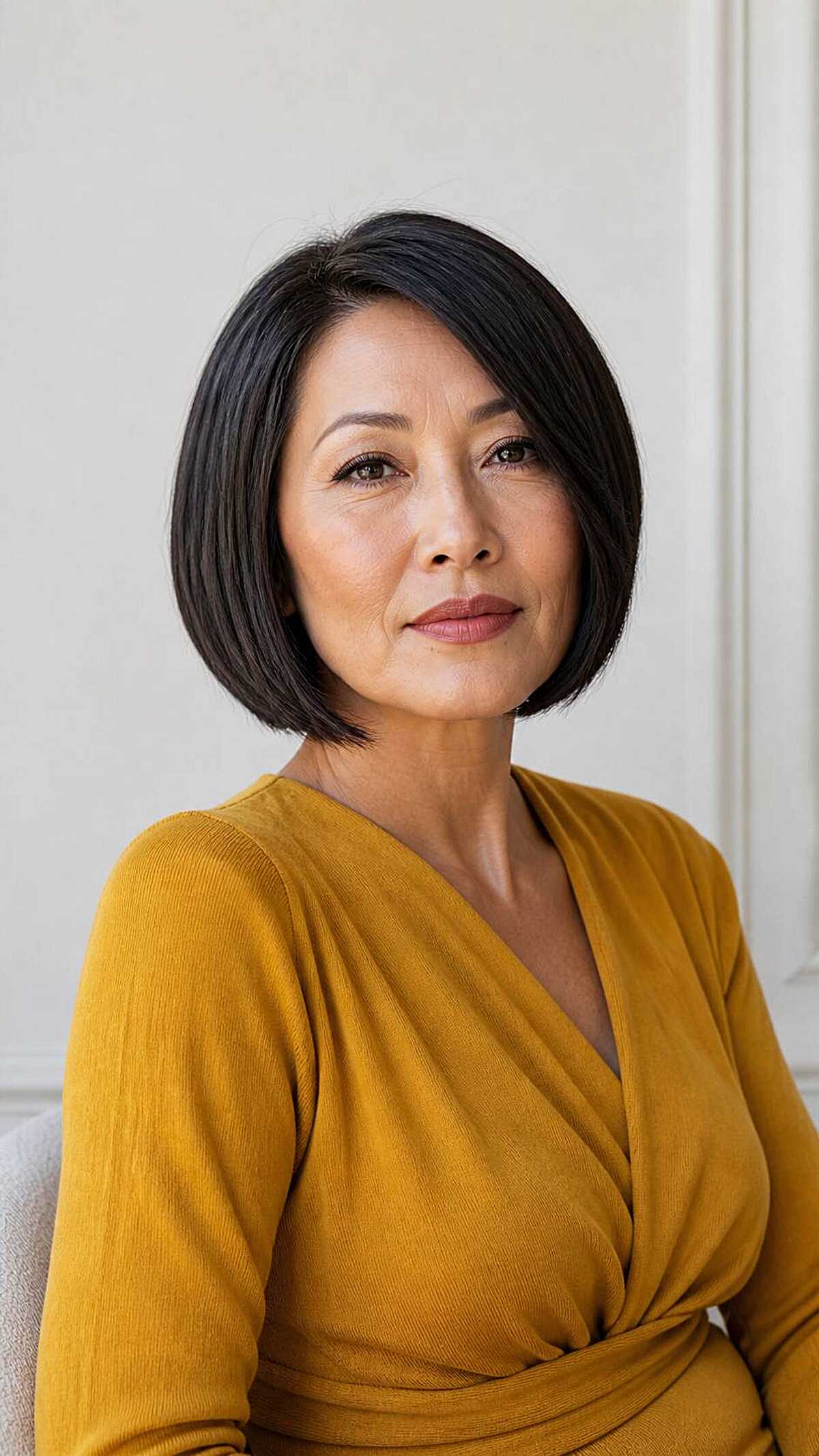 Sharp sleek black bob at chin length