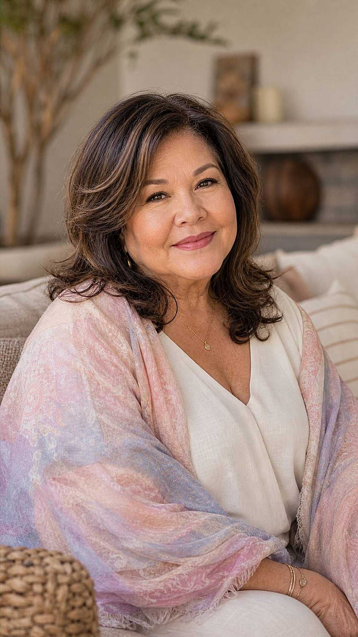 Dark shoulder-length hair with soft layered waves