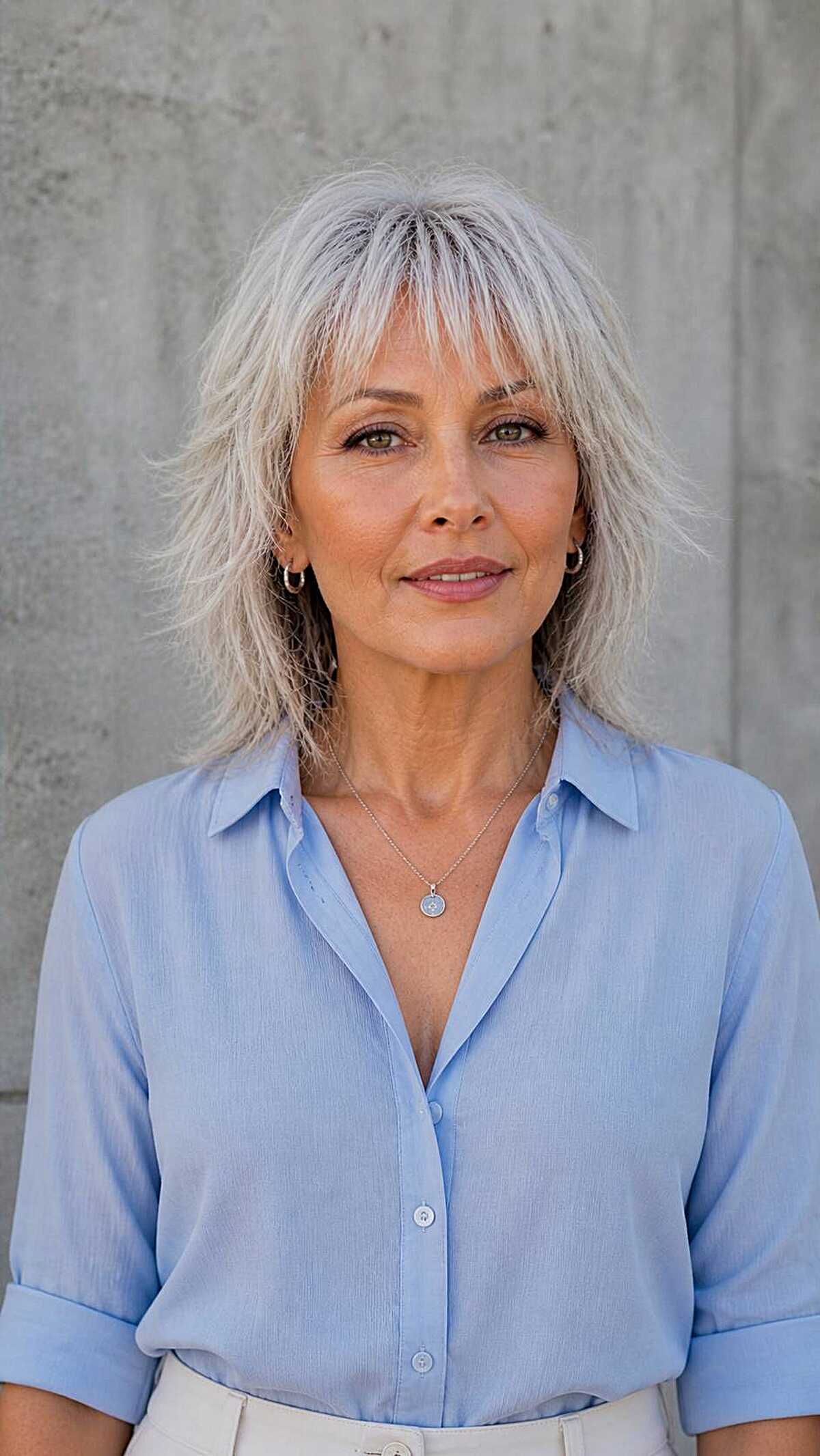 Silver shoulder-length shag with wispy curtain bangs