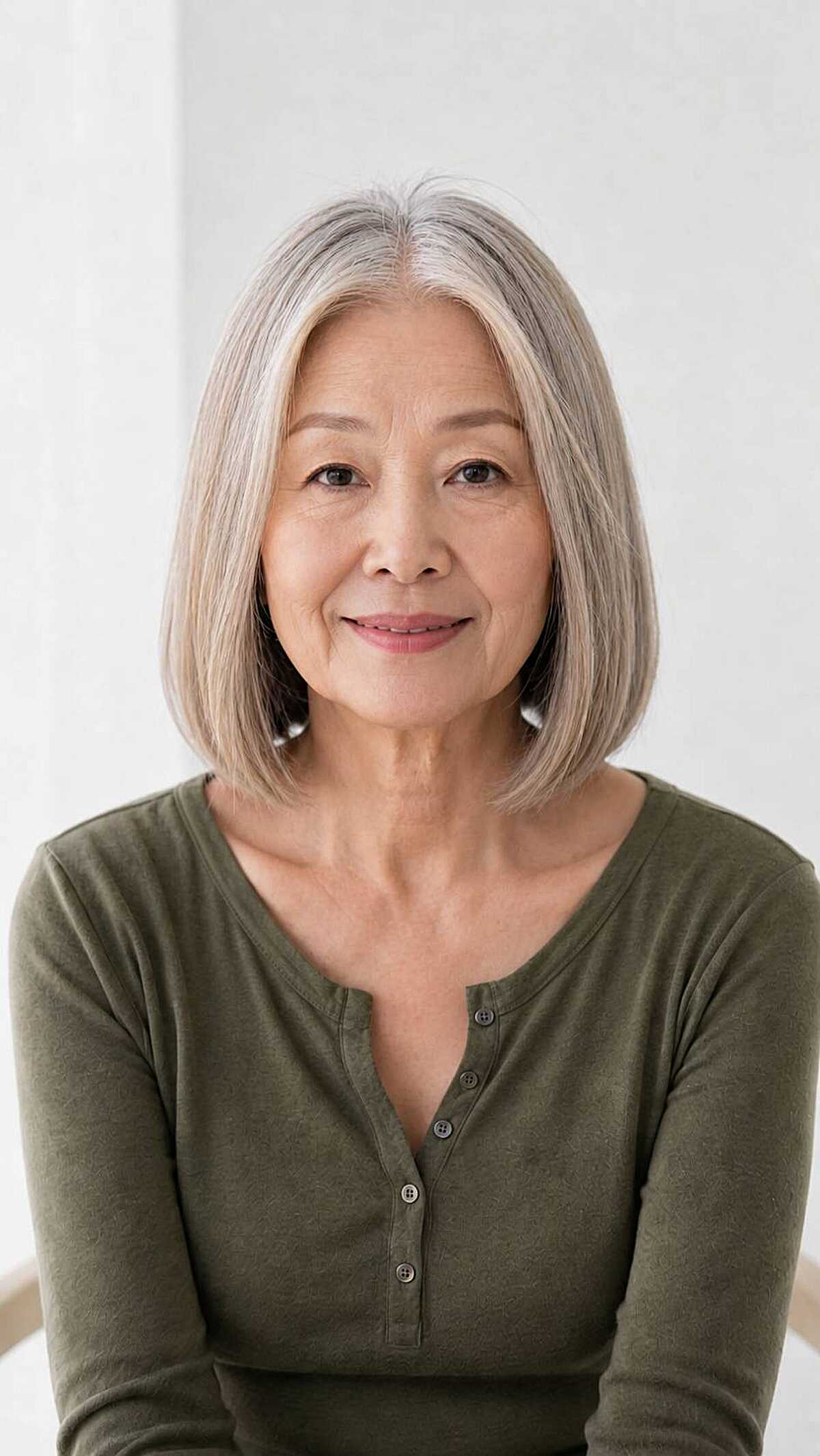 Straight silver-gray lob with center part