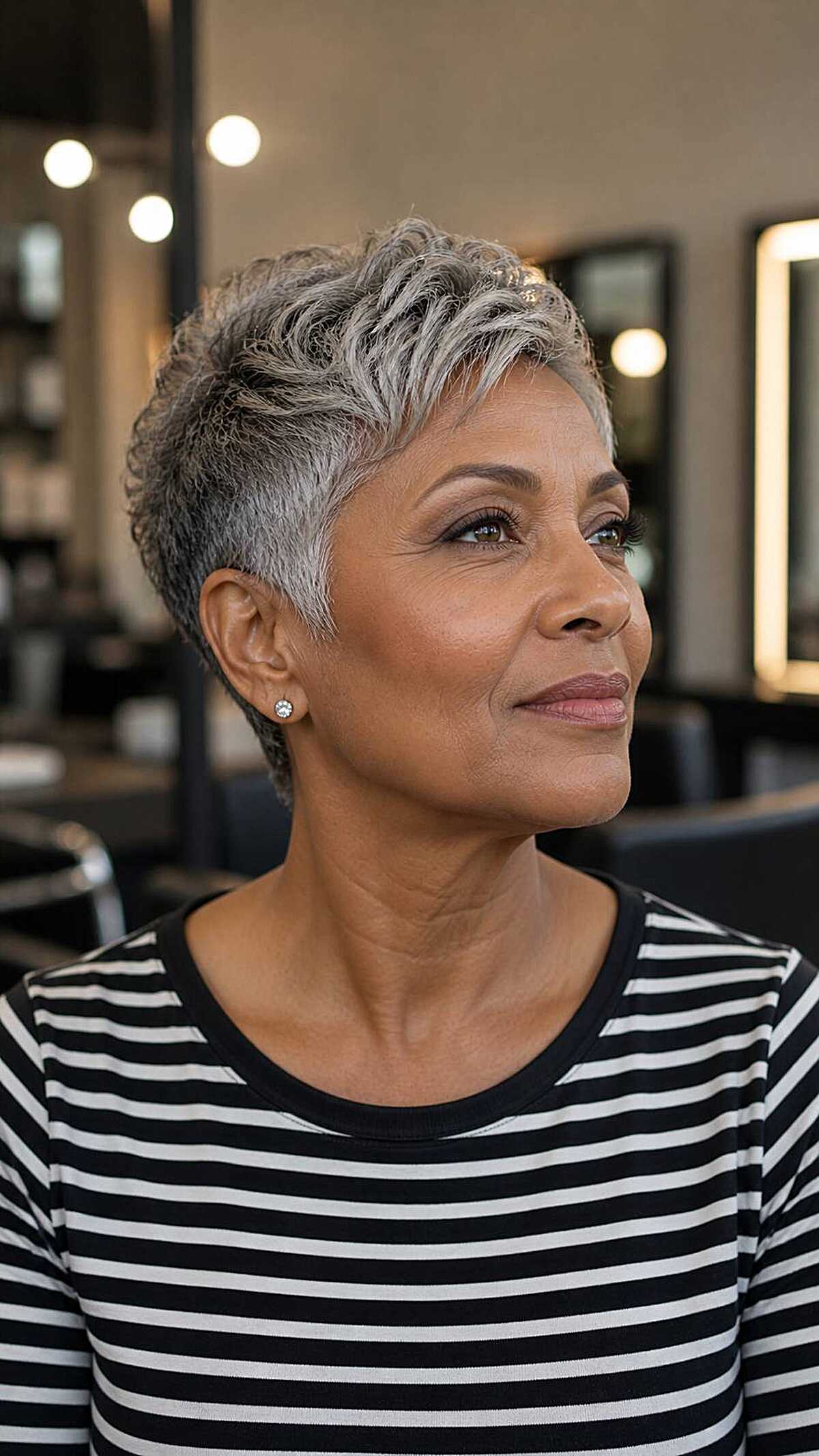 Tapered salt-and-pepper pixie with wavy top texture